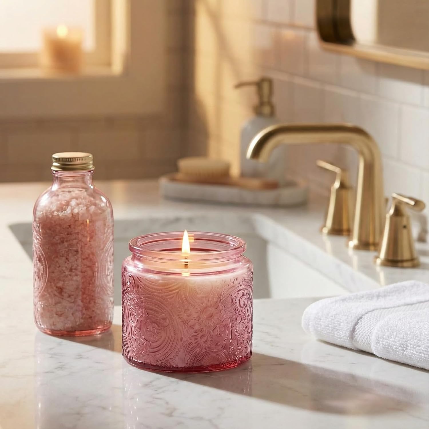 10 oz Pink Sun Moon Stars Candle Jars with Metal Lids, 9 Pack | Patented Embossed Design, Includes Wick Centering Devices & Warning Labels, Multiple Color Options