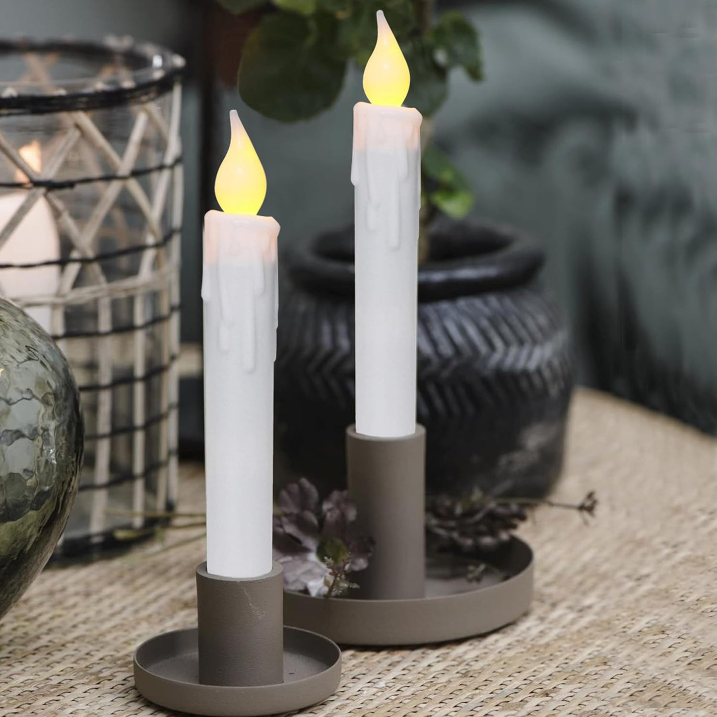 CVHOMEDECO. Flickering Taper Candles LED Drip Flameless Candles, Battery Operated with Timer, White, 6-3/4 Inch, Set of 2