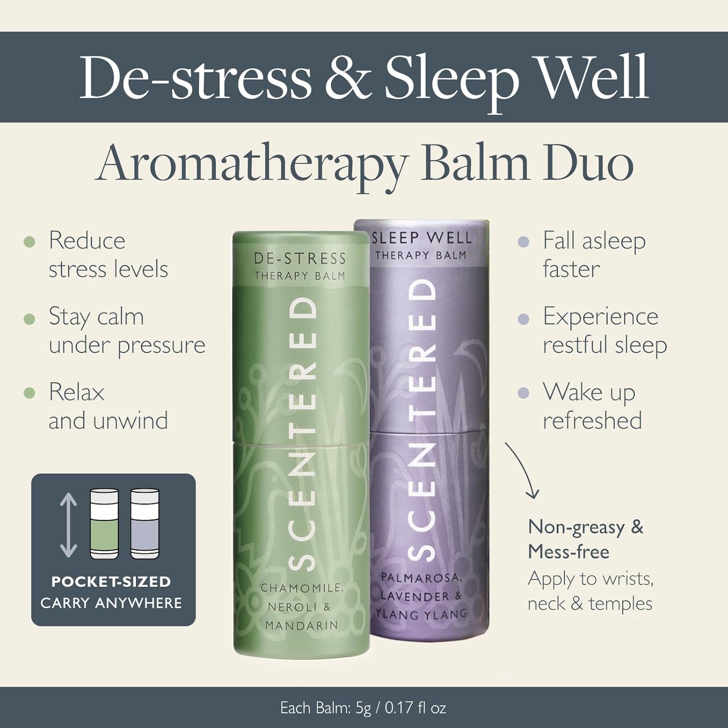 Scentered Aromatherapy Balm Sticks for Sleep & Stress-Relief - Roll On Essential Oil Blends of Lavender & Chamomile - Aromatherapy Gifts for Women - Sleep Well & De-Stress