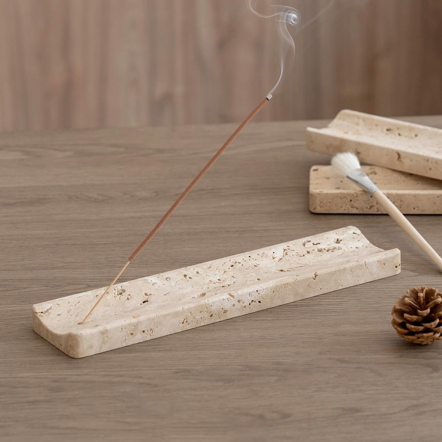 Marble Incense Holder Burner-Natural Stone Stick Incense Tray with Ash Catcher，20 Sticks & Brush - Elegant Decor for Meditation, Yoga, Home,Gift(Beige Travertine)