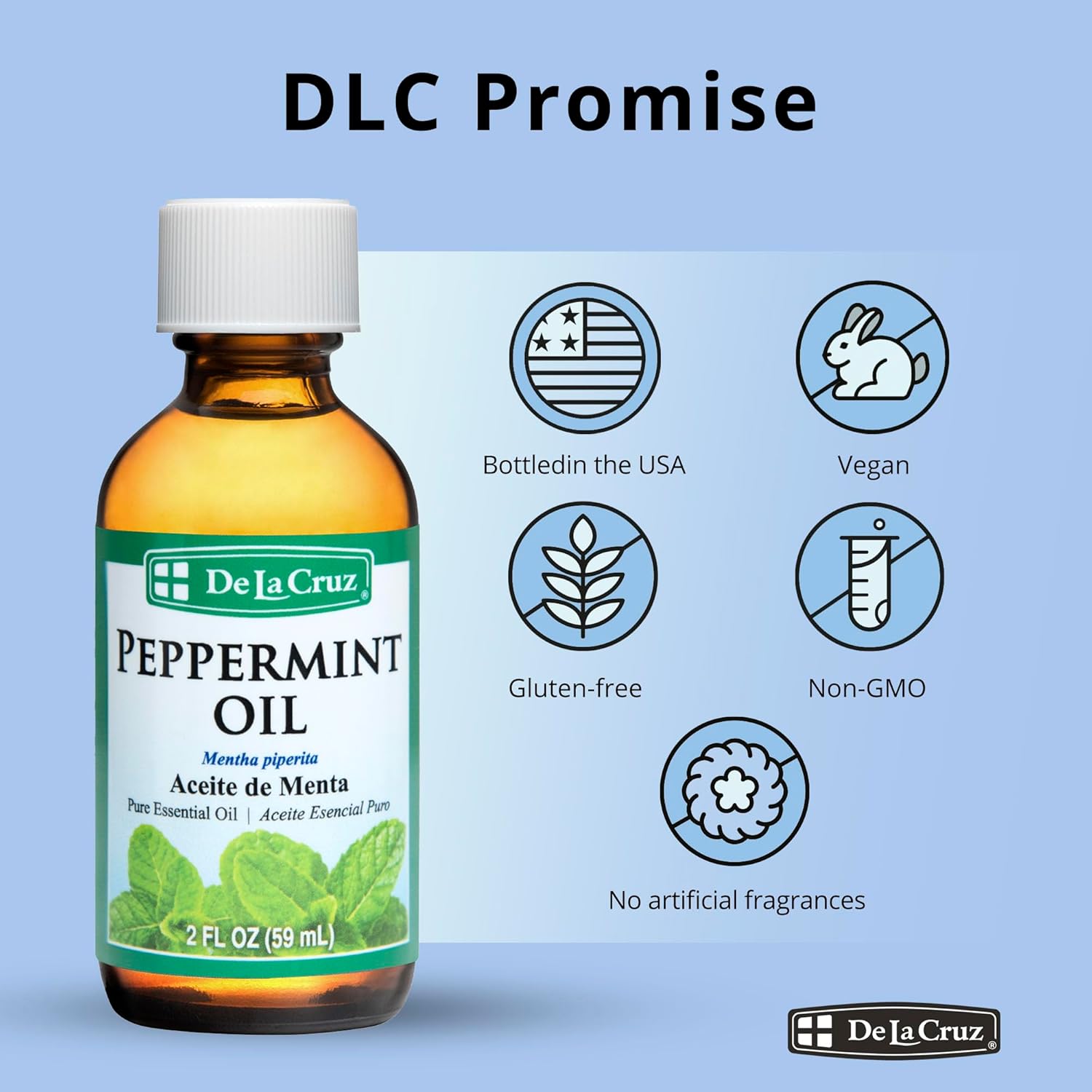 De La Cruz Peppermint Essential Oil - 100% Peppermint Oil for Aromatherapy - Steam Distilled - 2 Fl OZ