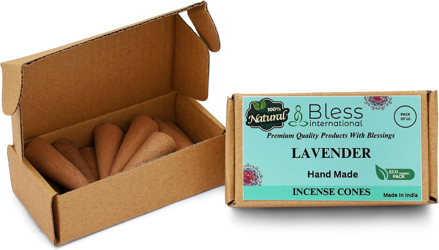 Bless International Lavender 100%-Natural-Incense-Cones Handmade-Hand-Dipped Organic-Chemicals-Free for-Purification-Relaxation-Positivity-Yoga-Meditation The-Best-scents (10 Count)