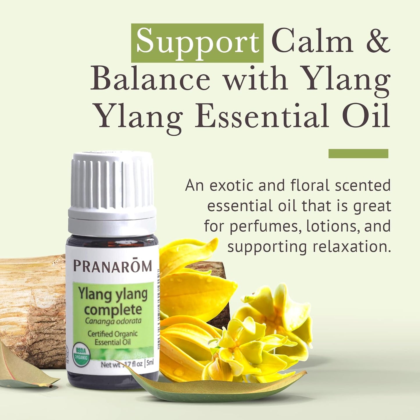 Pranarom USDA Certified Organic Ylang Ylang Essential Oil (5ml), 100% Pure Undiluted Therapeutic Grade from Madagascar for Aromatherapy, Diffuser, Meditation, Massage, Relaxation