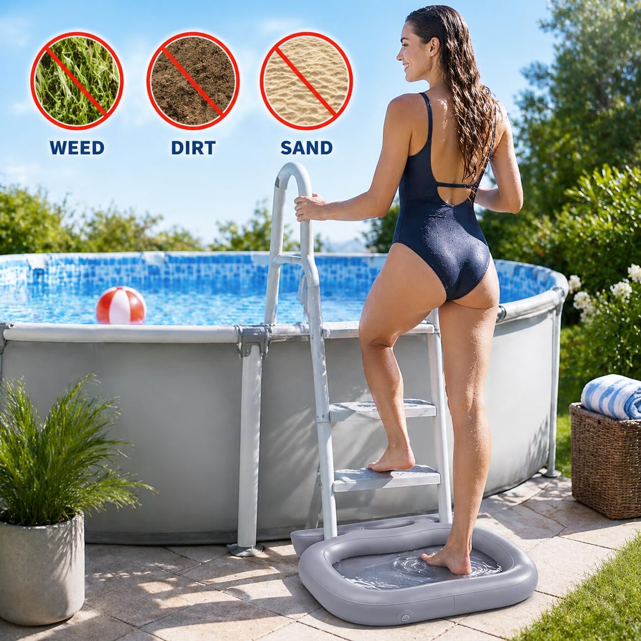 Inflatable Pool Foot Bath Basin, Portable Foot Wash Basin with Pump for Pool Entry Ladder, Above Ground Pools and Beach