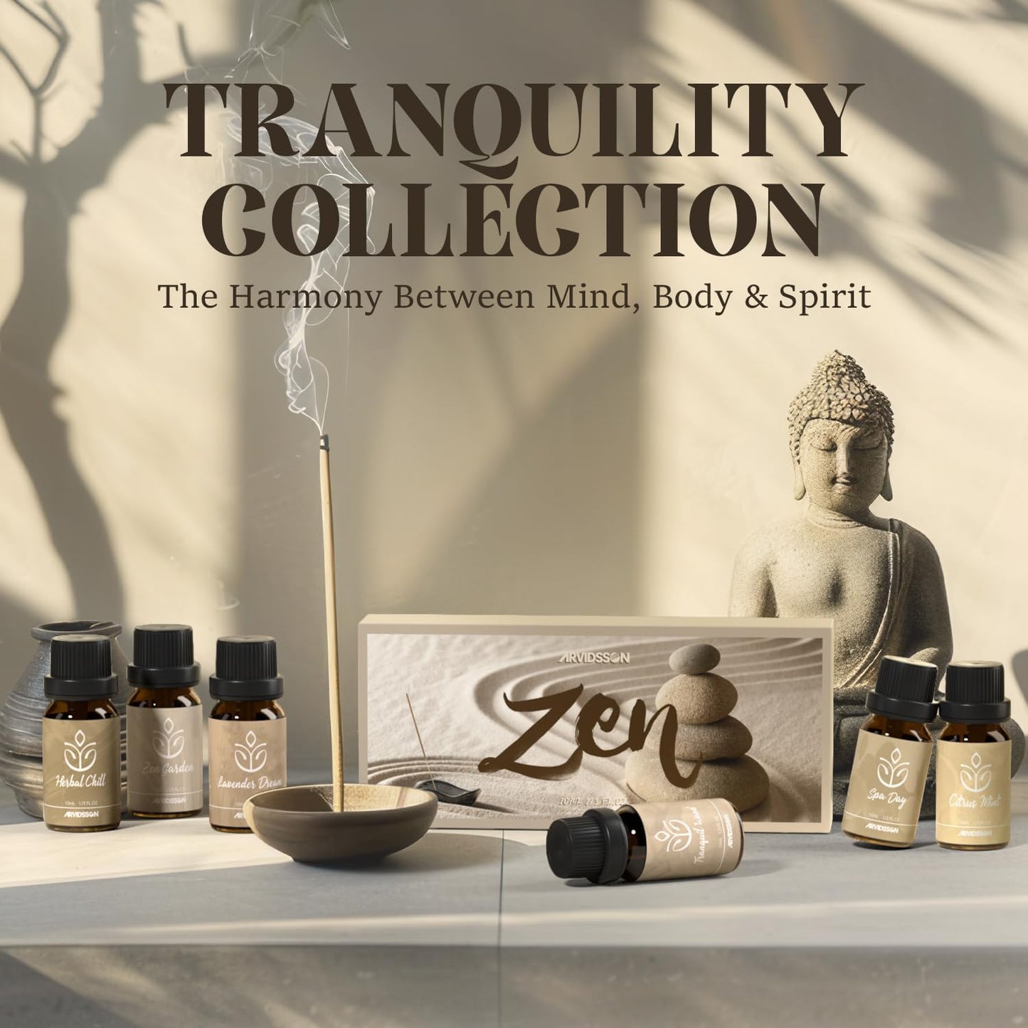 ARVIDSSON Zen Essential Oils Set, Nautal Tranquil Essential Oil for Diffusers for Home - Zen Garden, Lavender Dream, Serene Spa, Citrus Mint, Tranquil Wood, Herbal Chill, Gift for Women
