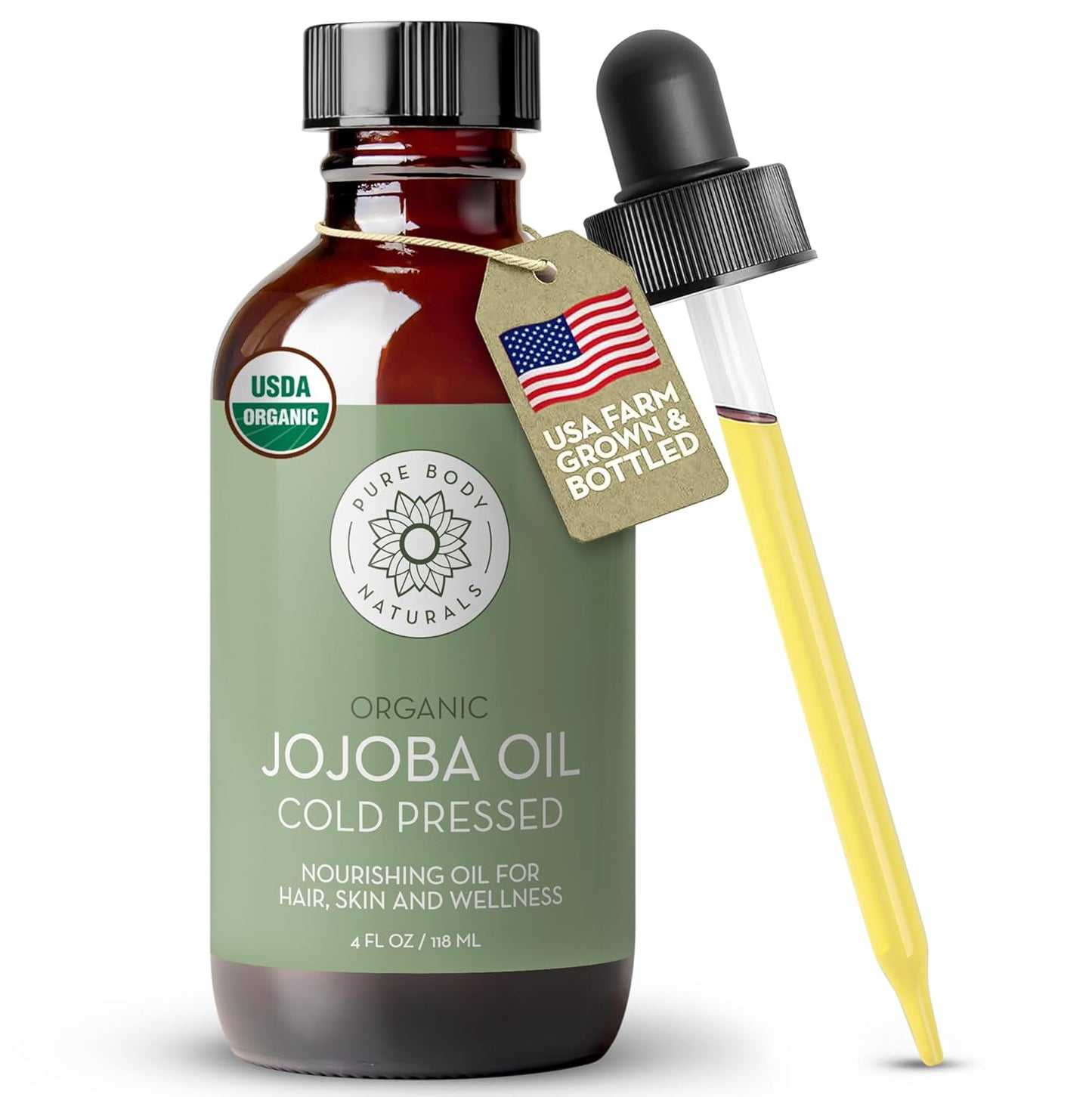 Pure Body Naturals Organic Jojoba Oil, 4 Fl Oz - 100% Pure, Organic, USA-Sourced, Cold Pressed Jojoba Oil for Skin, Face, Nails and Hair - Carrier Oil for Mixing Essential Oils