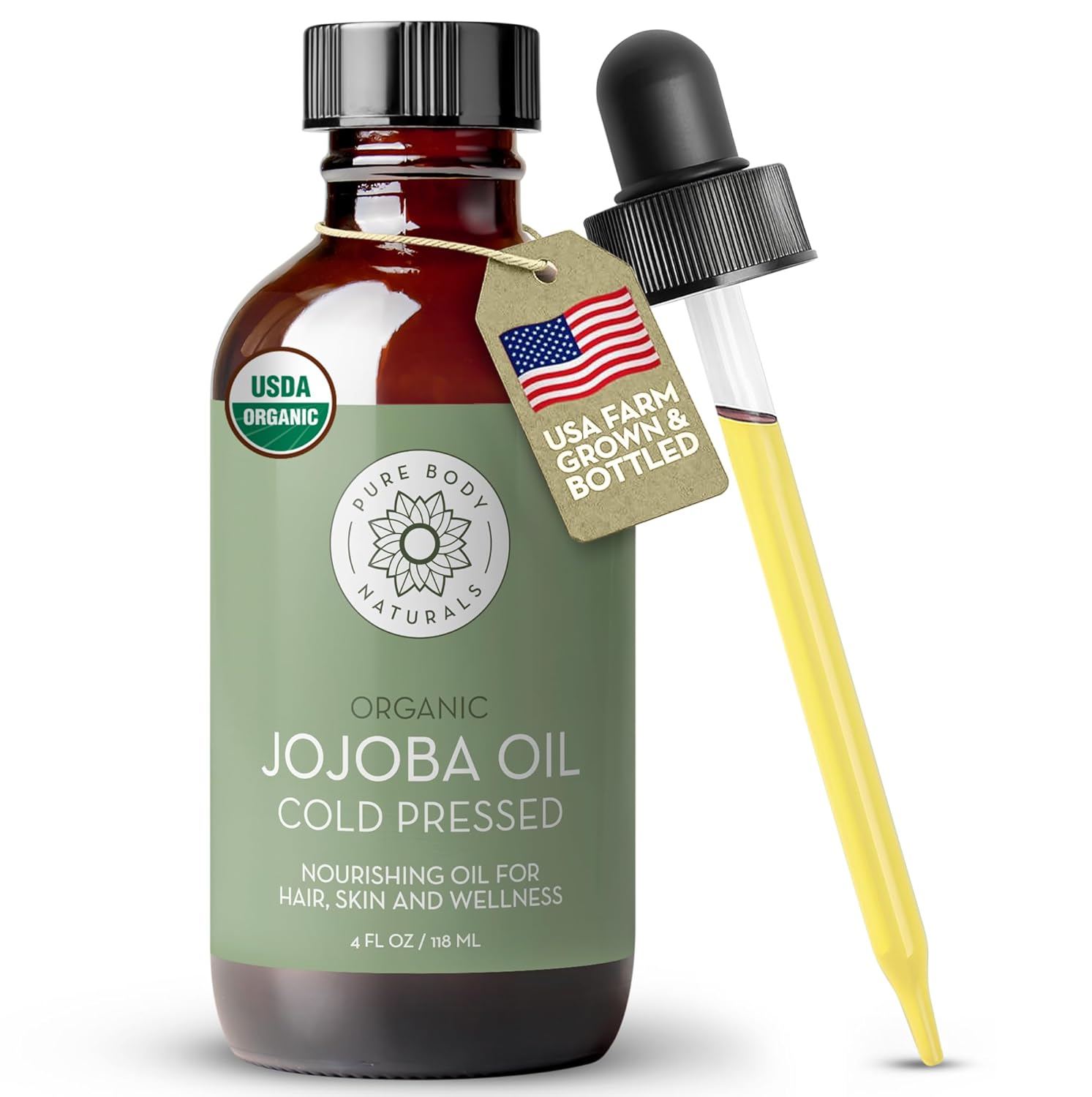 Pure Body Naturals Organic Jojoba Oil, 4 Fl Oz - 100% Pure, Organic, USA-Sourced, Cold Pressed Jojoba Oil for Skin, Face, Nails and Hair - Carrier Oil for Mixing Essential Oils