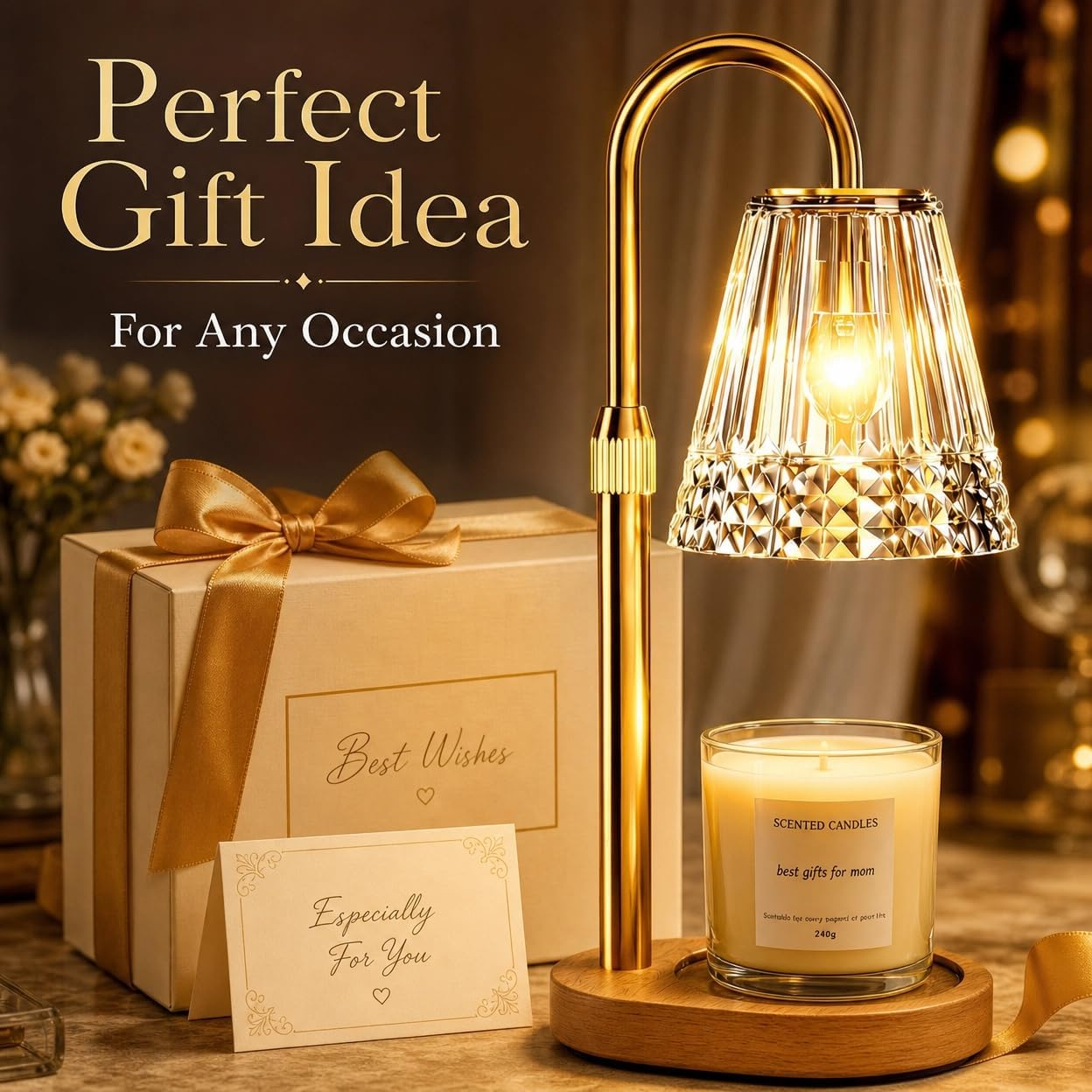 TATAANTY Candle Warmer Lamp with Timer and Dimmer, 4 Brightness Levels, Wooden Base, Mothers Day Gifts, Birthday Gift for Women, Golden, Home Decor Suitable for Bedroom, Offices, Living Rooms