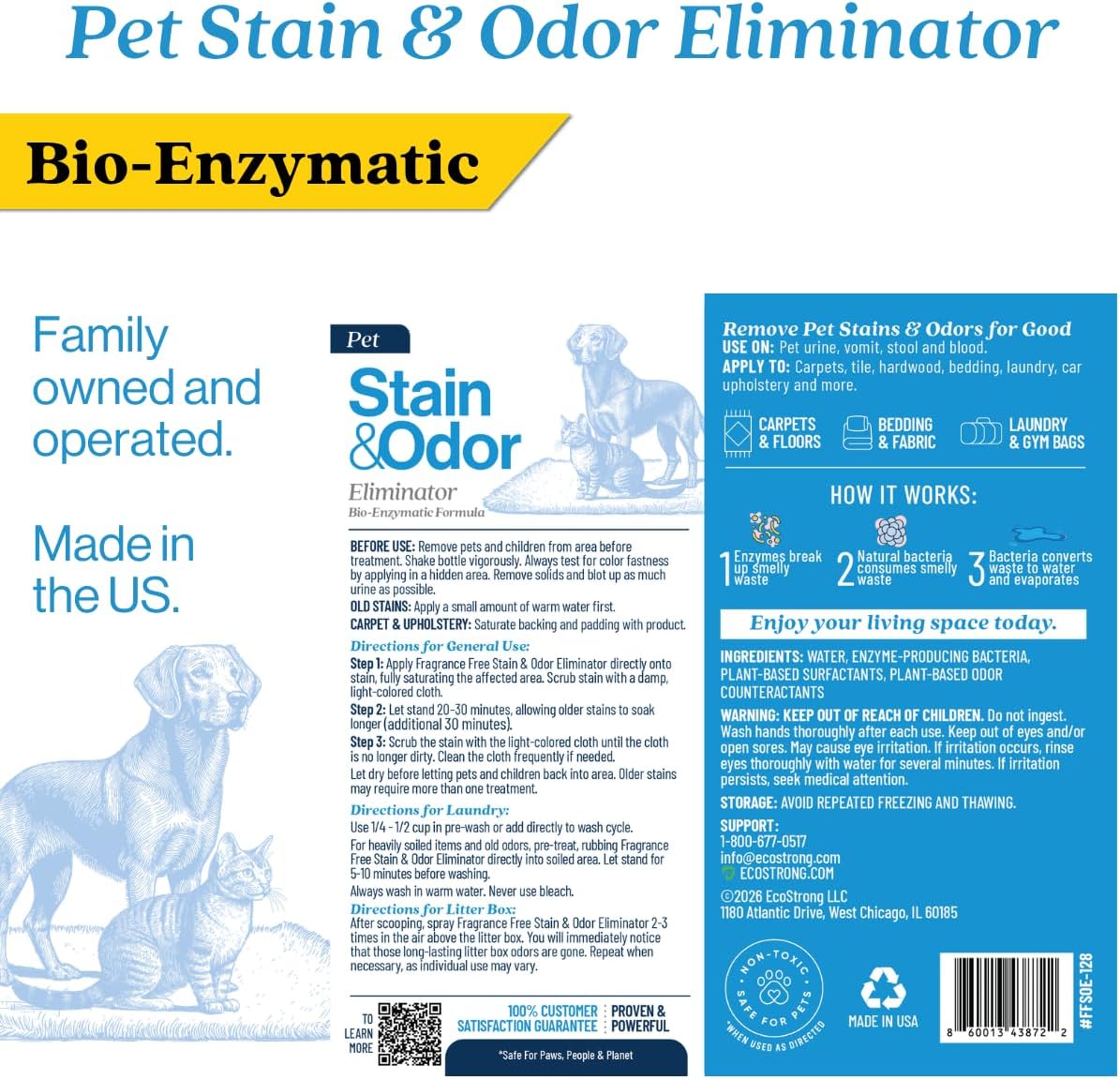 Eco Strong Pet Stain and Odor Remover - Cat Urine Enzyme Cleaner Destroyer, Urine Destroyer for Dogs, Pet Urine Enzyme Cleaner - 128 Oz