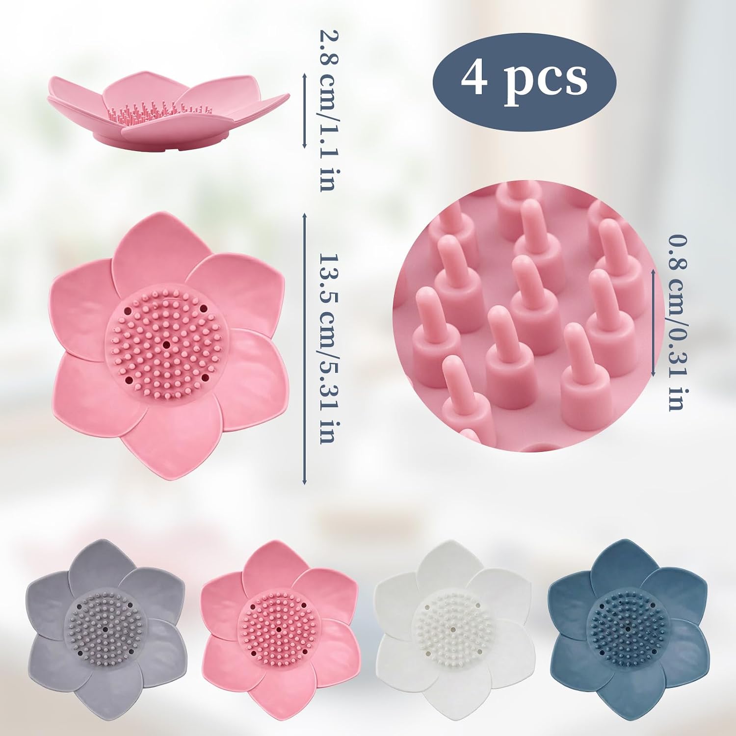4 Pack Lotus Shower Steamer Trays, Silicone Soap Holder with Self Draining - Elegant Mixed Colors Lotus Flower Shape Soap Dish, Perfect for Bathroom Counter, Kitchen Sink, Shower Organizer