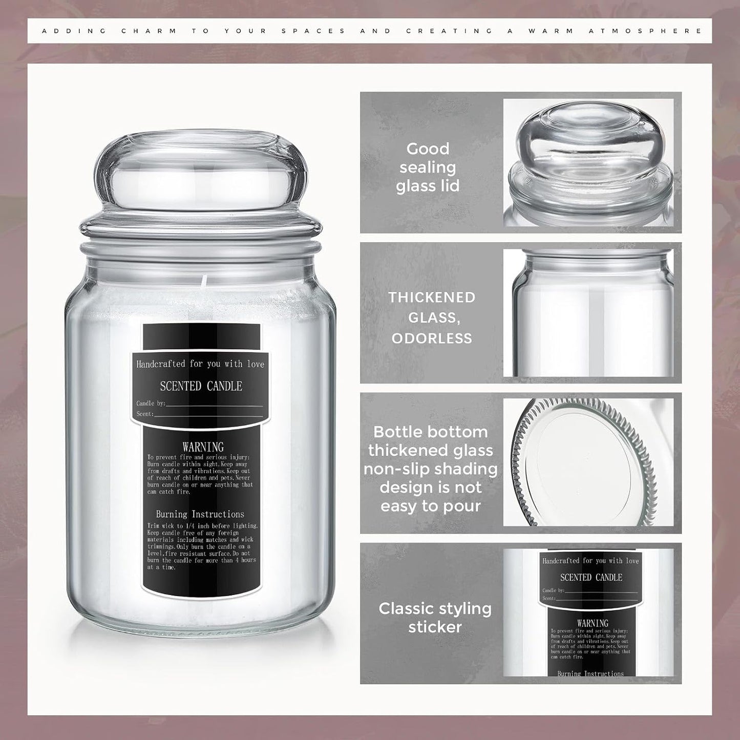 Ziliny 6 Pack 25 oz Glass Candle Jars with Airtight Lids Large Thick Clear Candle Containers with 10 Warning Labels Wooden Wick Holders