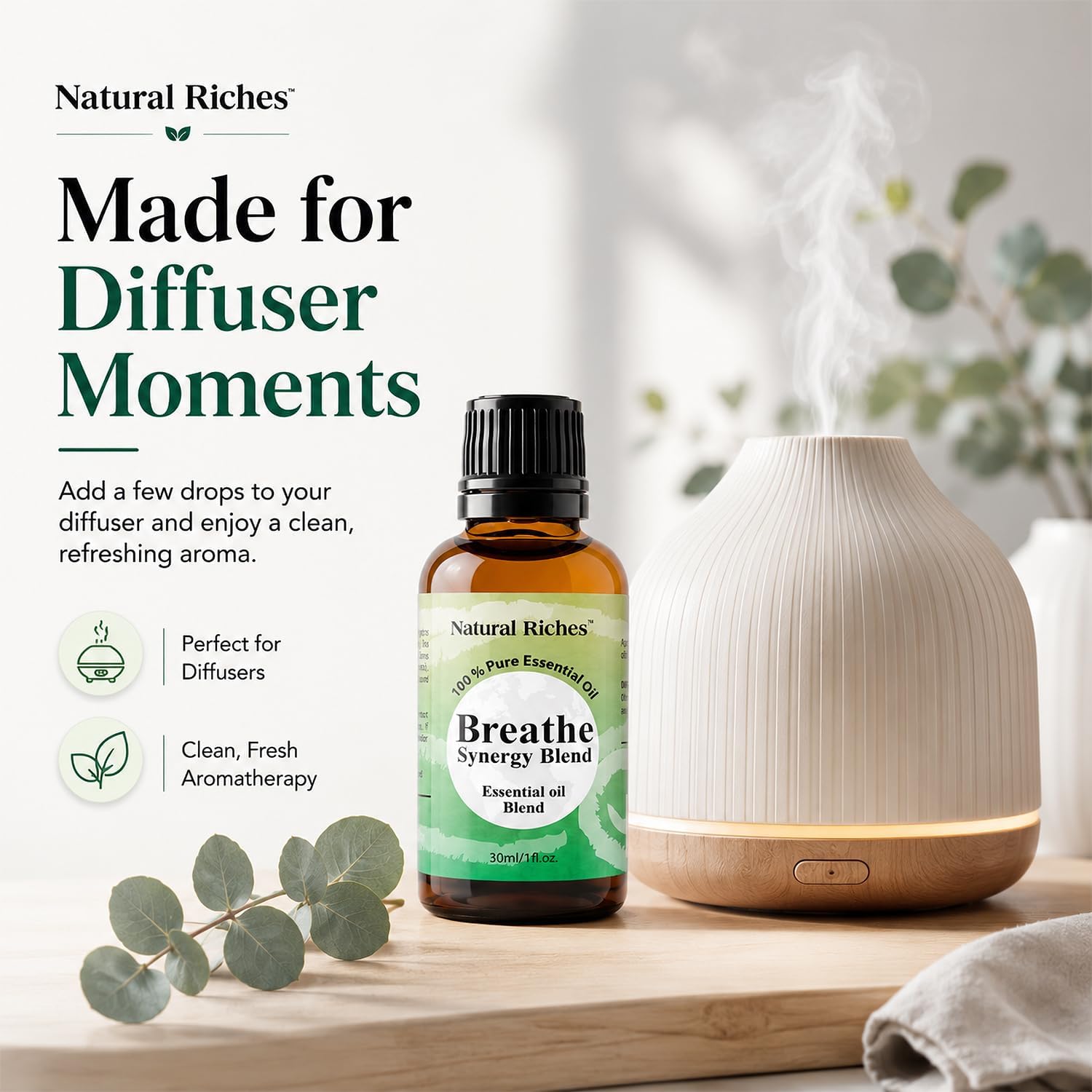 Natural Riches Breathe Essential Oil Blend Breathe Easy with Peppermint Eucalyptus Tea Tree Lemon Cardamom Pine Needle Essential Oils - 30 ml