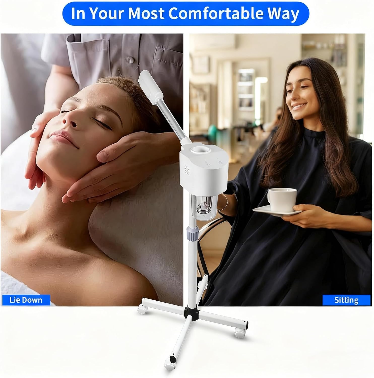 Professional Facial Steamer, Ionic Ozone with Hot Mist, Estheticians Steamer on Wheels with Timer Function, SPA & Home (White)