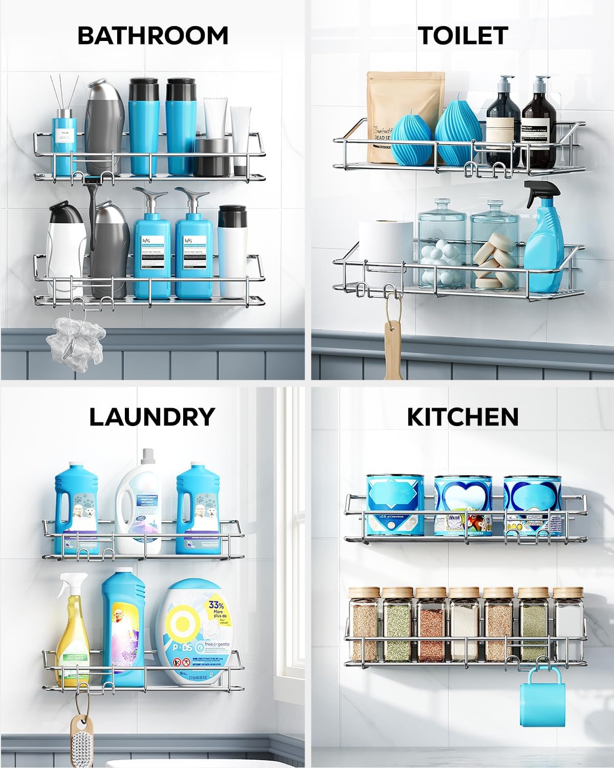 Nieifi Shower Caddy Shelf Storage Rack Adhesive Without Drilling Stainless Steel with Hooks for Washroom, Lavatory, Restroom, Toilet, Bathroom, Kitchen - 2 Pack