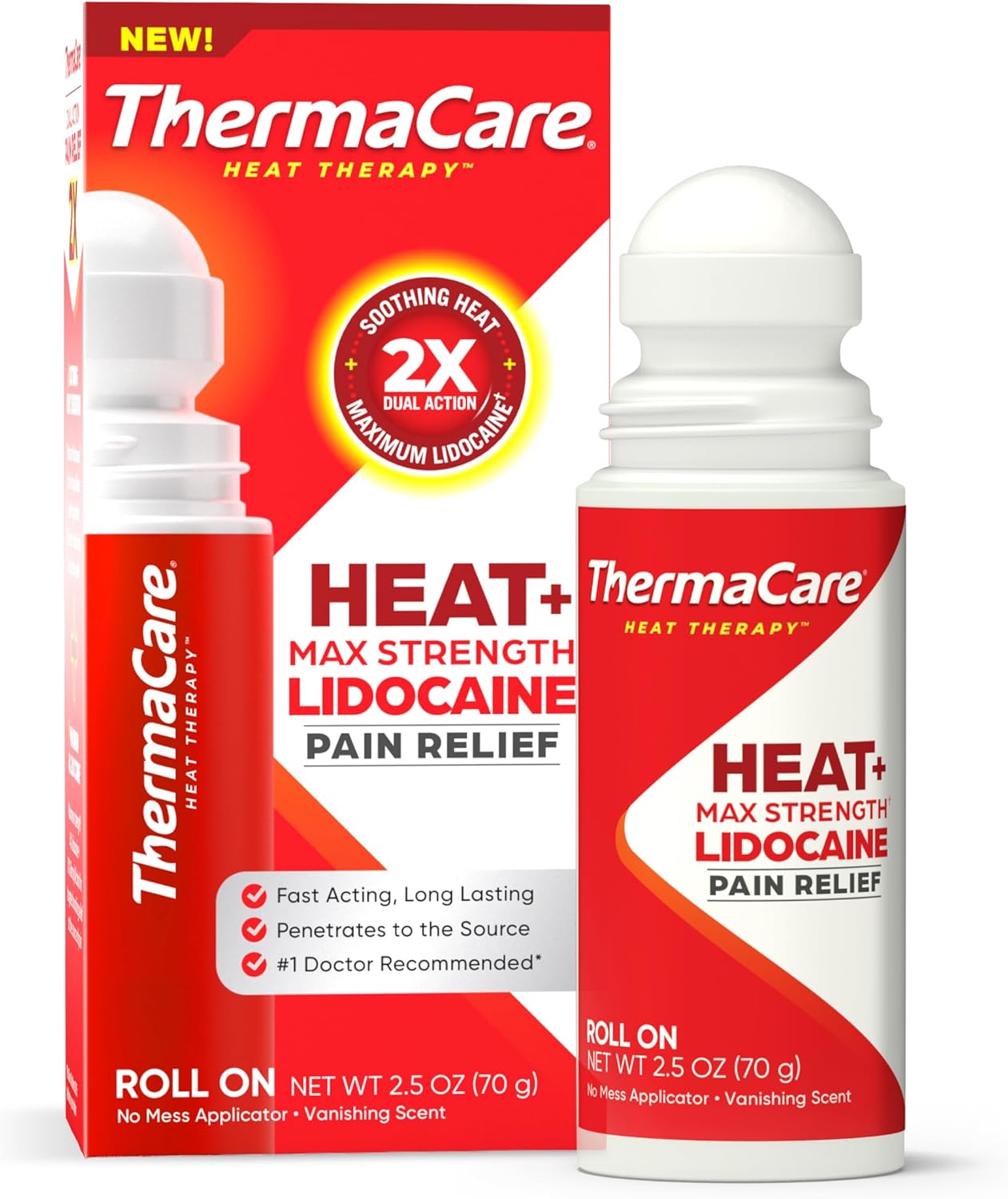 ThermaCare Heat + Max Strength 4% Lidocaine Roll-On - Dual Action Pain Relief for Back, Neck, Muscle, & Joint Pain - Warming Topical Analgesic, No-Mess Roll-On for Daily Pain Relief & Comfort