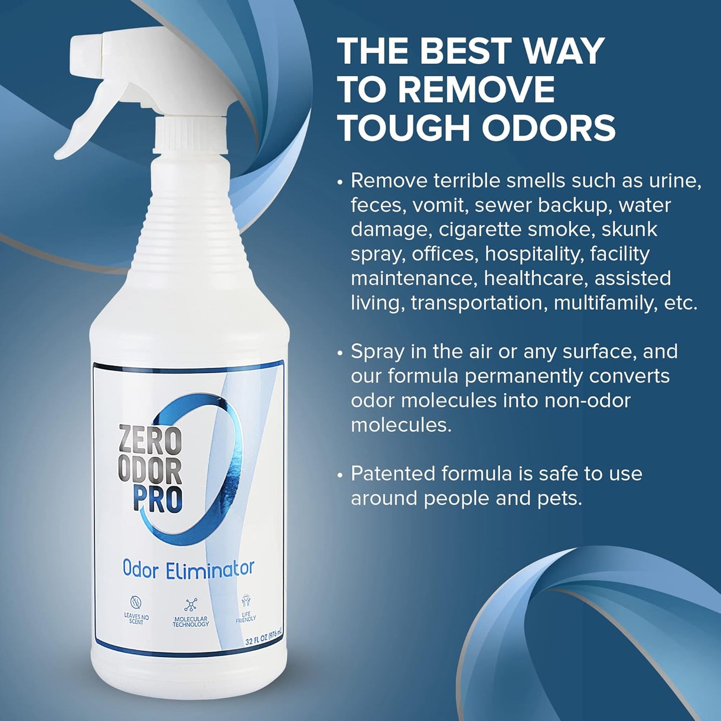 Zero Odor Pro Commercial Strength Odor Eliminator, Room Deodorizer and Air Freshener, Trigger Spray, 32 oz, White/Blue
