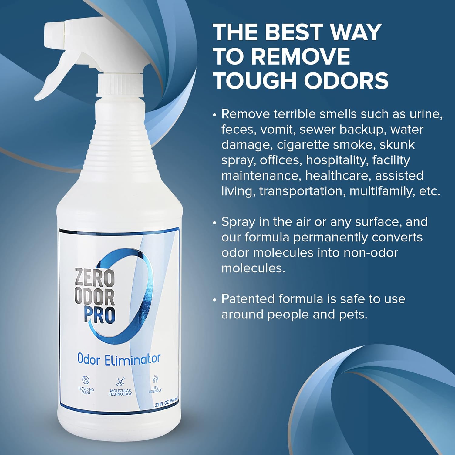 Zero Odor Pro Commercial Strength Odor Eliminator, Room Deodorizer and Air Freshener, Trigger Spray, 32 oz, White/Blue