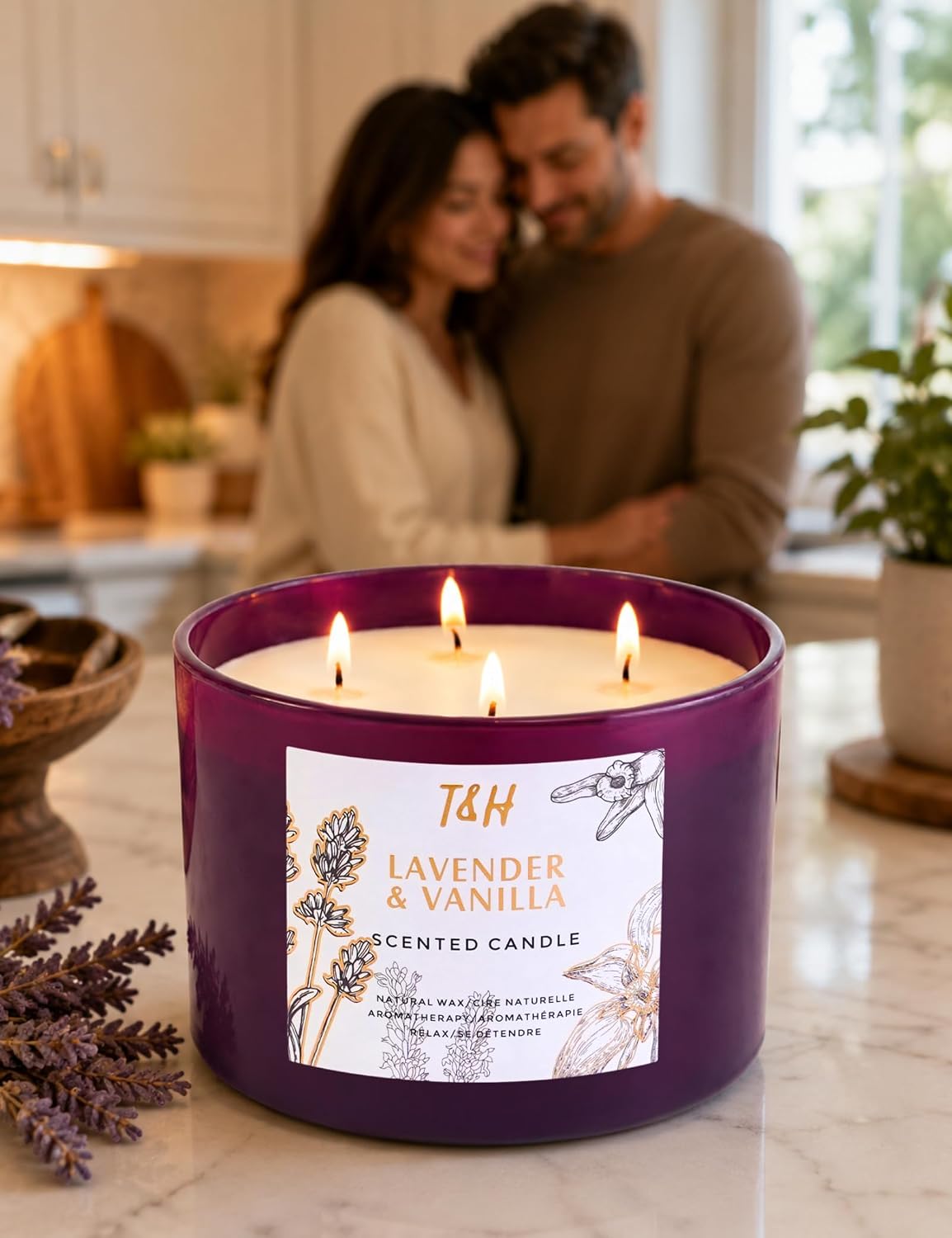 Lavender Vanilla Candle | 4 Wick Extra Large Scented Soy Candles 20 oz | Highly Scented Aromatherapy Lavender Candle for Women | Relaxing Stress Relief Home Scent | Long Lasting Clean Burn