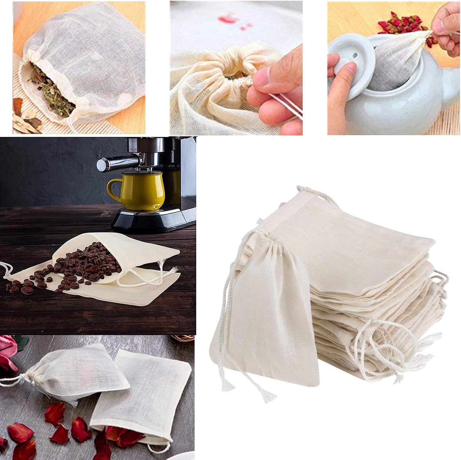 ICEYLI 30 Pcs 4 x 3 Inches Natural Unbleached Cotton Drawstring Bags Spice/Herbs/Tea Bags,Muslin Bags Sachet Bag for Home Supplies