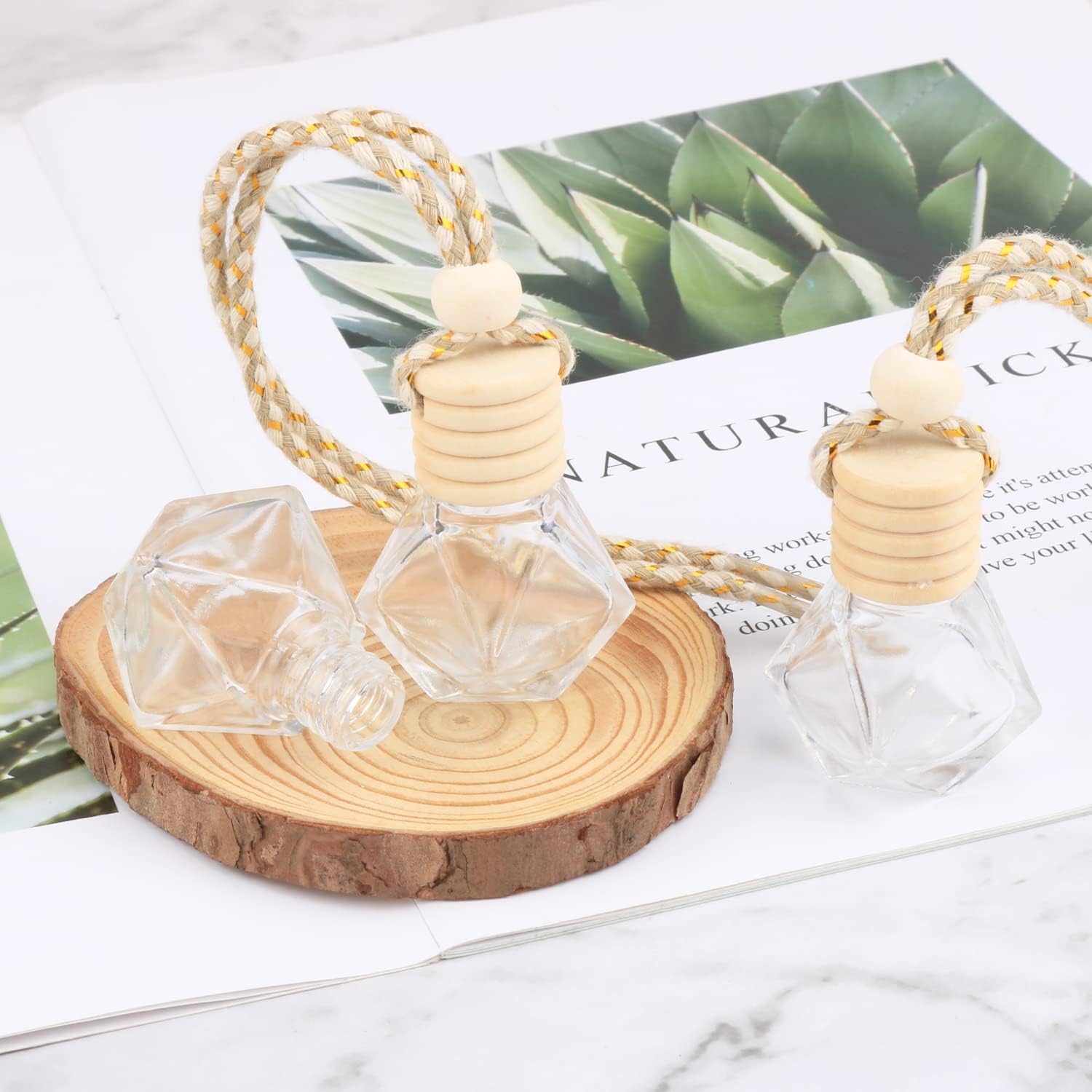 20 Pcs 8ml Hanging Car Air Freshener Diffuser,Empty Refillable Clear Glass Essential Diffuser Oil Aromatherapy Fragrance Perfume Pendant Vials with Wooden Caps & Hanging String