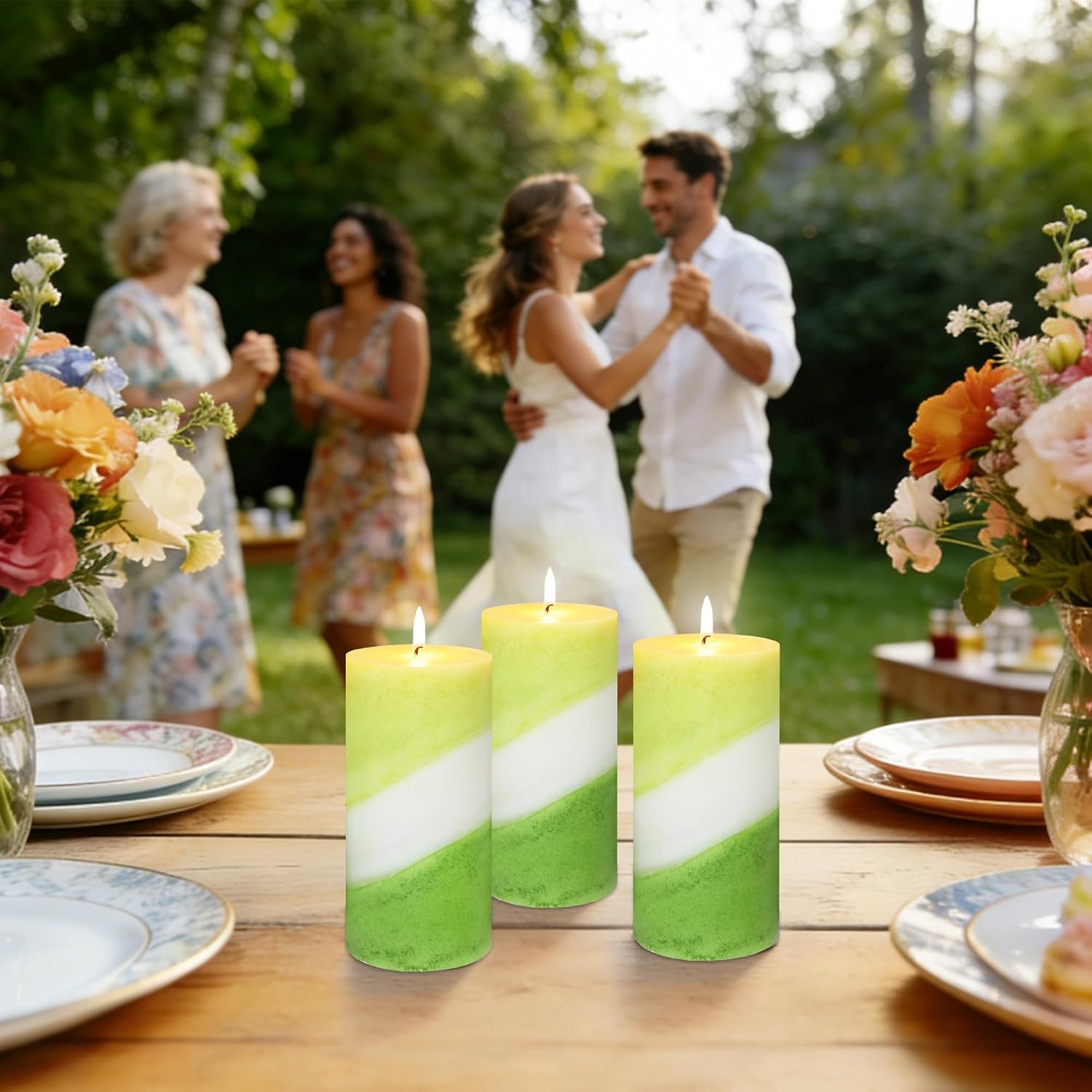 Eucalyptus Mint Scented Pillar Candles, 3x6 Inch Green and White Striped 100% Cotton Core Paraffin Wax Candles for Home Room Shelf Decor Idea, Set of 3
