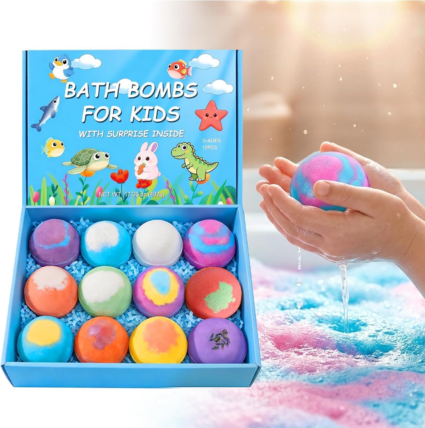 12 Pack Bath Bombs with Toys Inside, Kids Splash Surprise Animal Fizzing Dinosaur Egg Bathbombs Gift