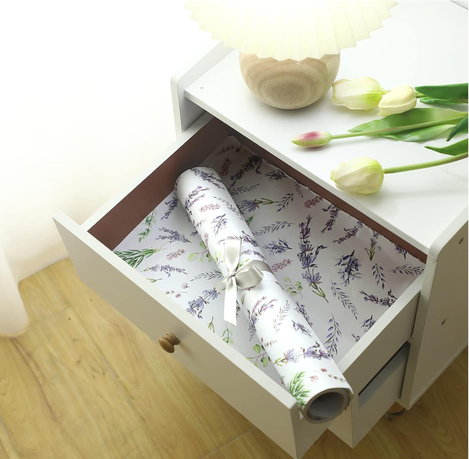 BBTO 20 Sheet Lavender Scented Drawer Liners for Dressers 15.8" x 22" Lavender Scented Fragrant Cabinet Paper Liners Non Adhesive Drawer Paper Mats for Bedroom Home Closet Shelves