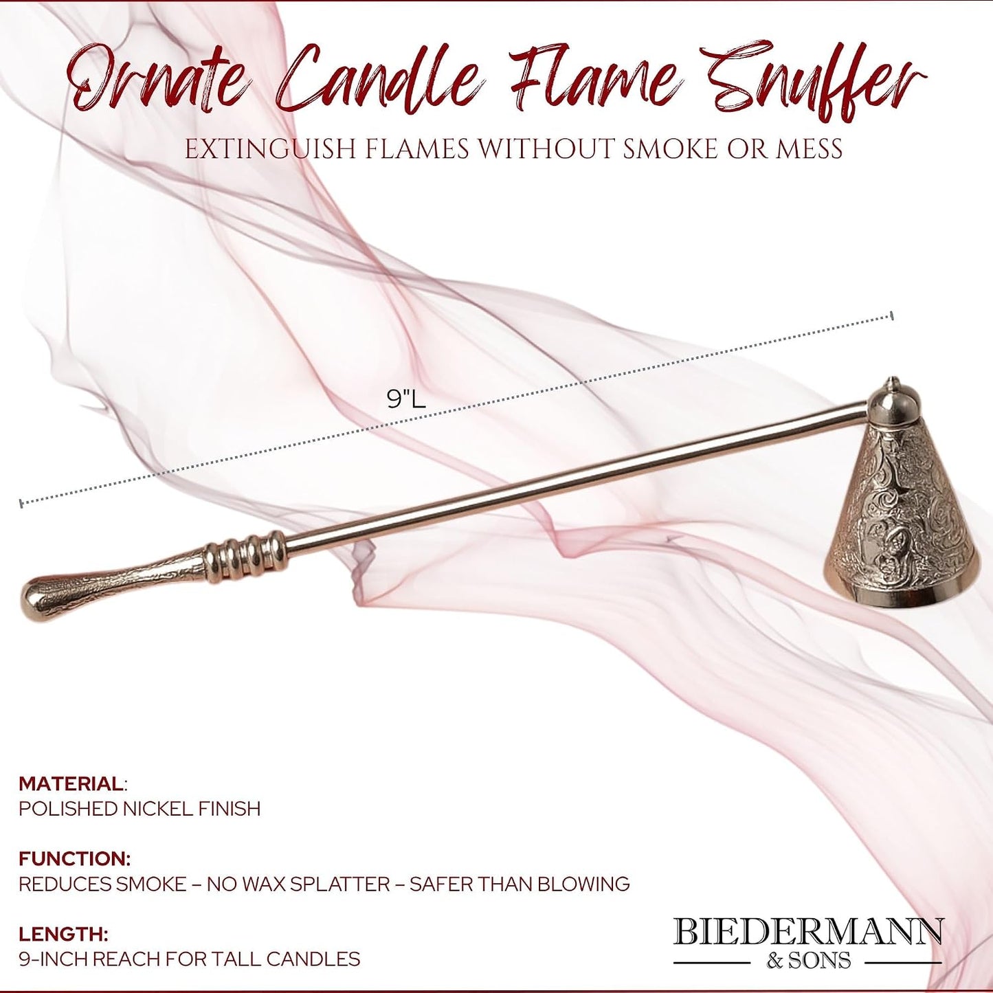 Biedermann & Sons Ornate Traditional Metal Candle Flame Snuffer, Nickel - 9 Inch Long