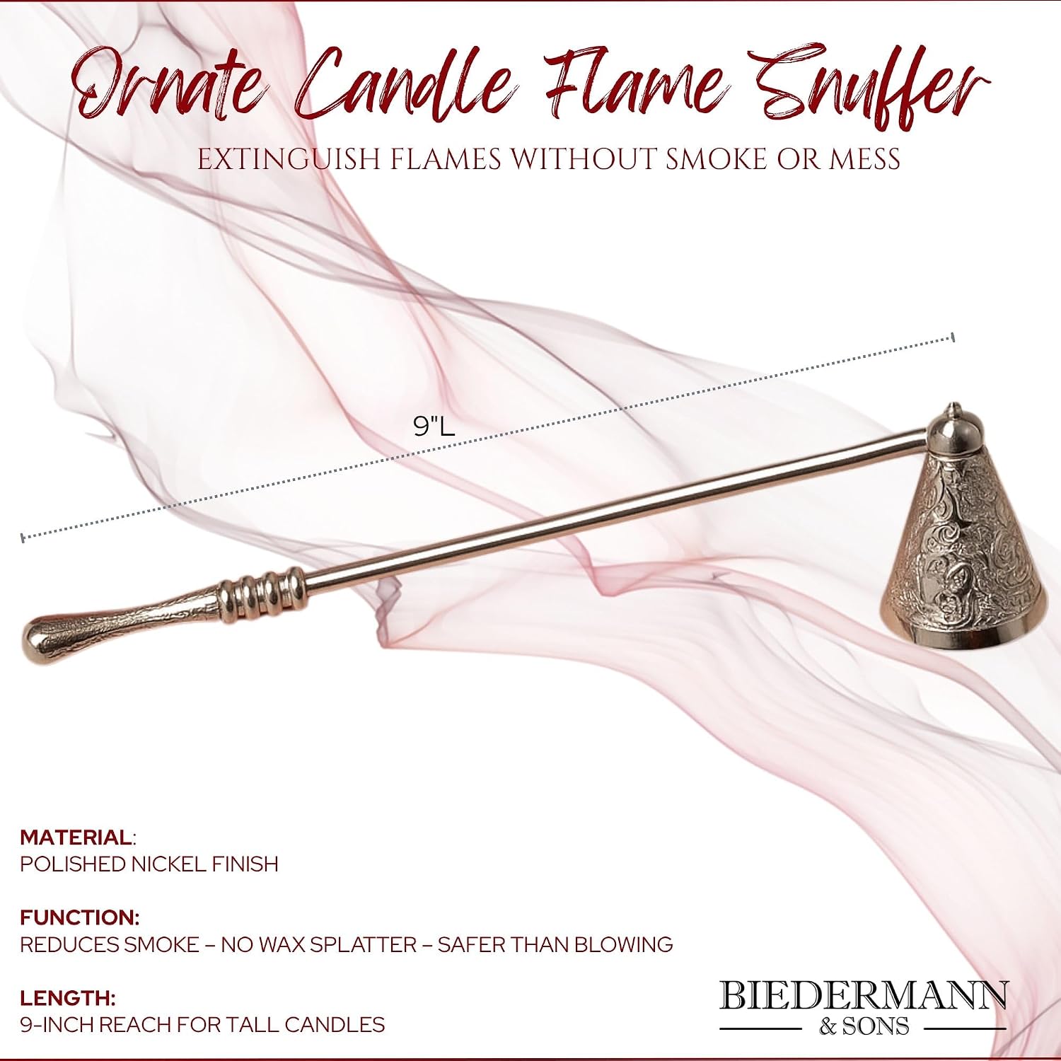 Biedermann & Sons Ornate Traditional Metal Candle Flame Snuffer, Nickel - 9 Inch Long