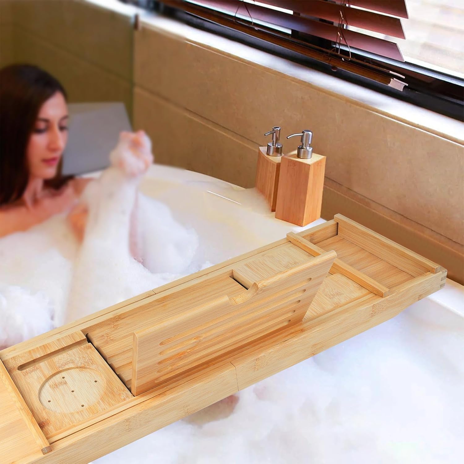 Bathtub Tray Caddy,Bamboo Bathroom Accessories,Expandable Bath Tray,Can be Placed Book and Integrated Tablet Smartphone and Wine Holder,Relaxing Gifts for Women(Natural)