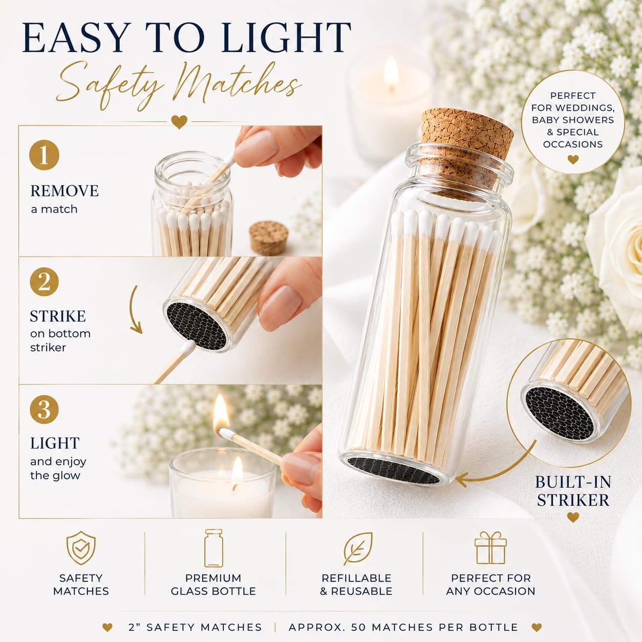 2" White Safety Matches in Glass Jar | Wedding Favor Bottles | 20 Matchsticks per Bottle, Cork Top & Striker, Decorative