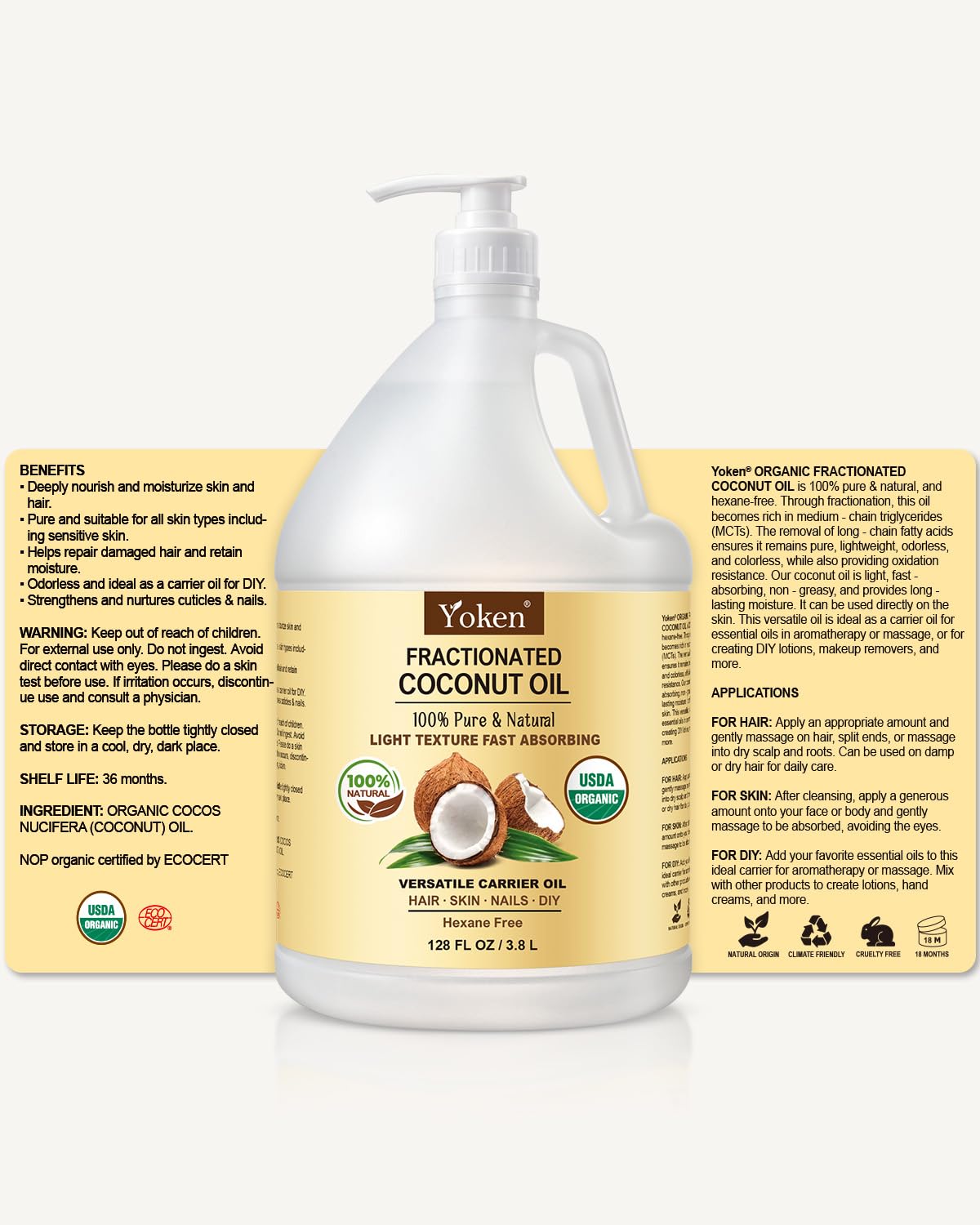 Yoken USDA Organic Fractionated Coconut Oil, 1 Gallon (128 Fl Oz), Liquid Coconut Oil for Massage & Bulk Use, Professional Body & Carrier Oil, Unscented, Hexane Free