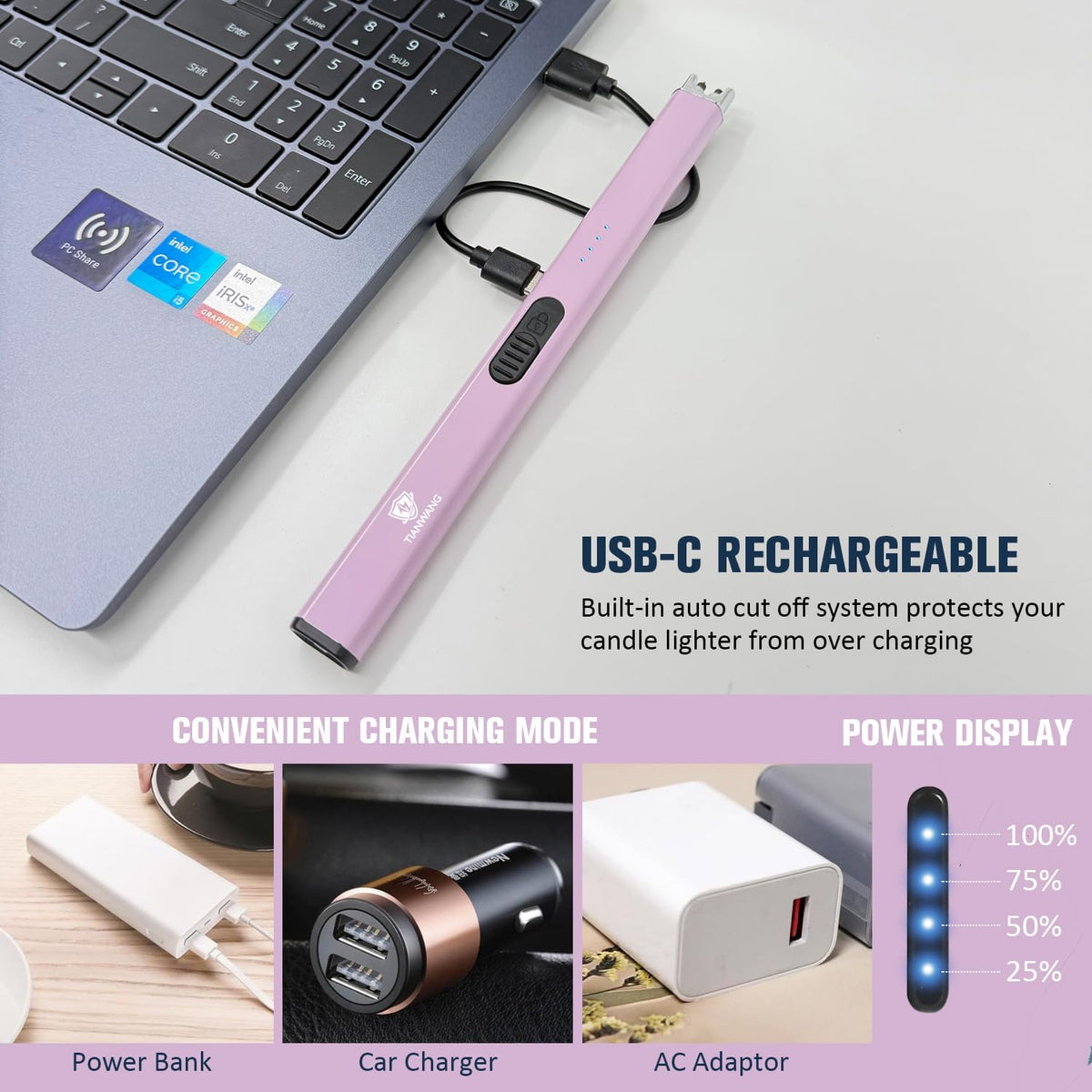 Electric Candle Lighter USB-C Charging, Portable and Easy to Use(Pink)