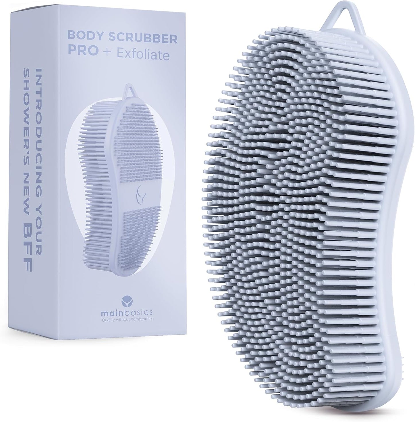 MainBasics Silicone Body Scrubber - Dual-Sided Shower Exfoliator for Men & Women, Gentle Silicone Loofah Alternative for Deep Clean (Frosted Sky, Exfoliate)
