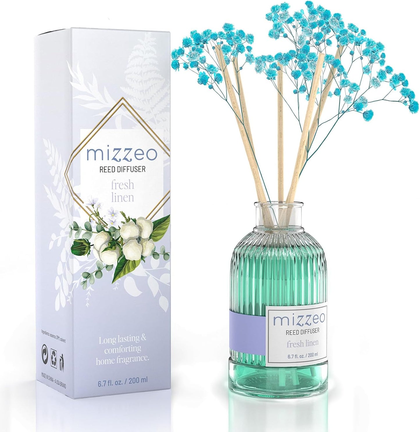 Reed Diffuser Set, Clean Linen 6.76 fl oz Highly Scented Room Diffuser Home Fragrance Essential Oil Reed Flower Diffuser, House Bedroom Office Decor & Gifts