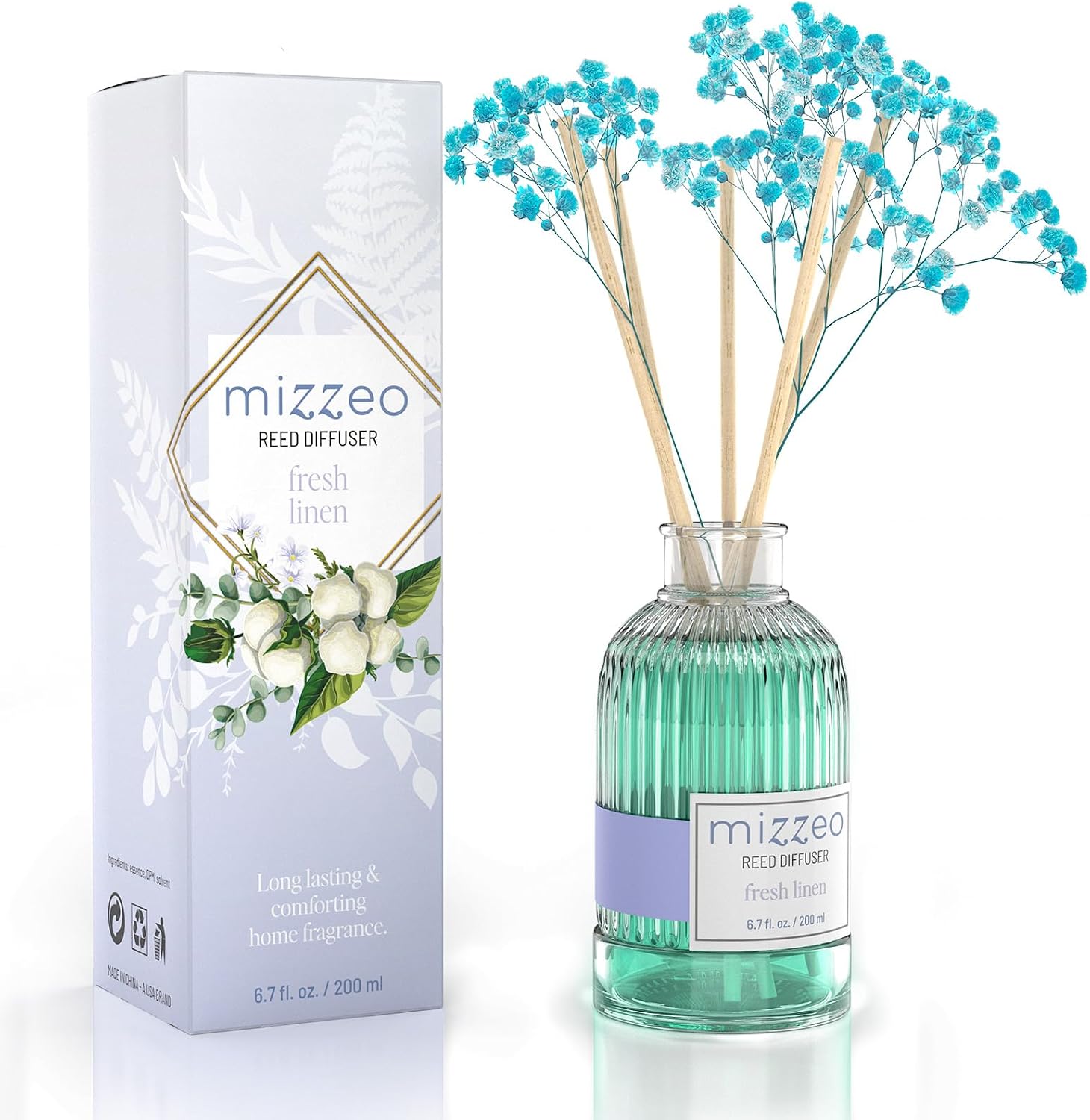 Reed Diffuser Set, Clean Linen 6.76 fl oz Highly Scented Room Diffuser Home Fragrance Essential Oil Reed Flower Diffuser, House Bedroom Office Decor & Gifts