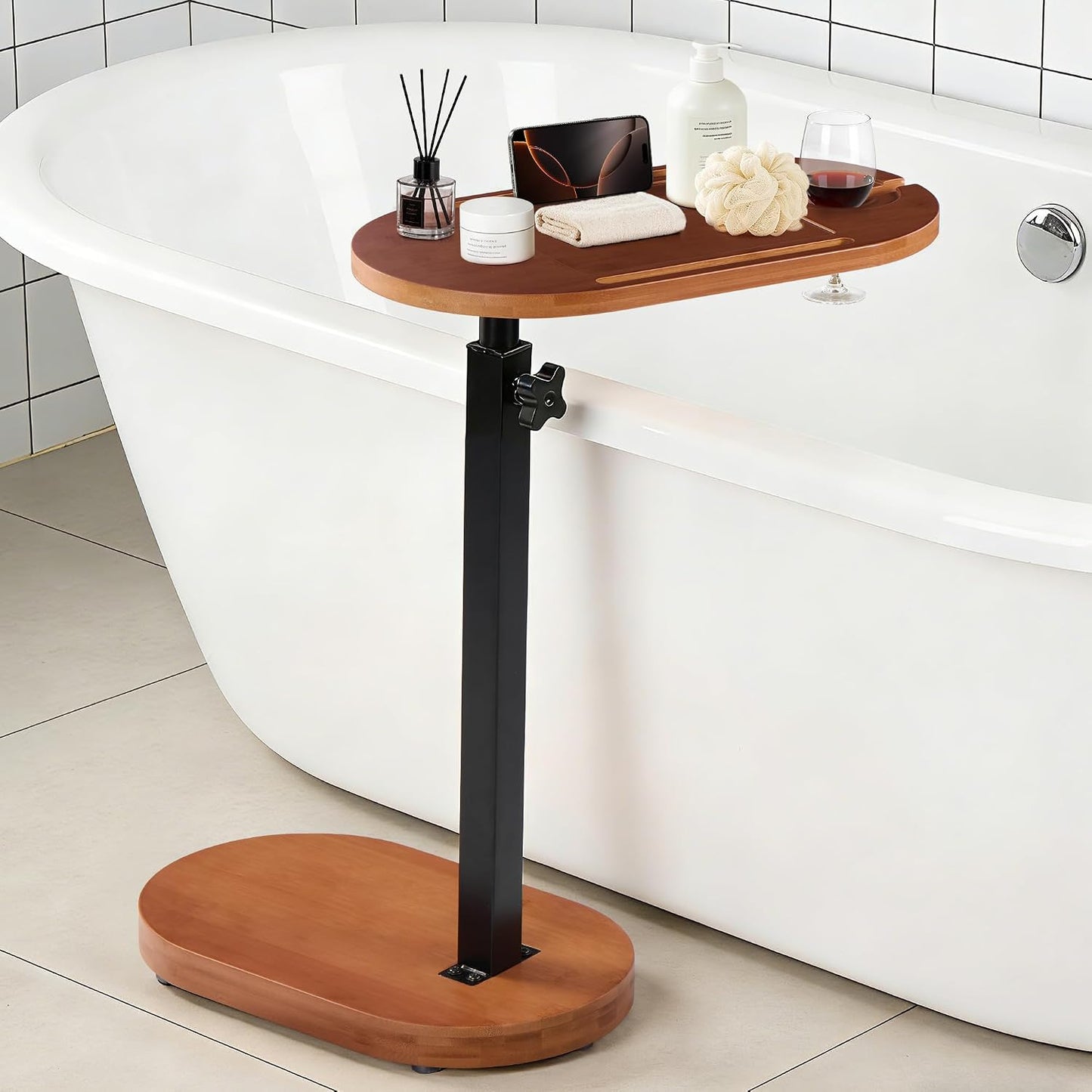 Bamboo Bathtub Side Table, 360° Swivel Height Adjustable Freestanding Bath Caddy Tray Organizer with 5 Storage, Luxury Home Spa Bathroom Essential (Walnut)