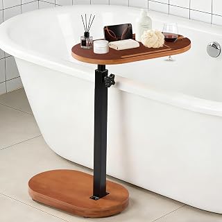 Bamboo Bathtub Side Table, 360° Swivel Height Adjustable Freestanding Bath Caddy Tray Organizer with 5 Storage, Luxury Home Spa Bathroom Essential (Walnut)