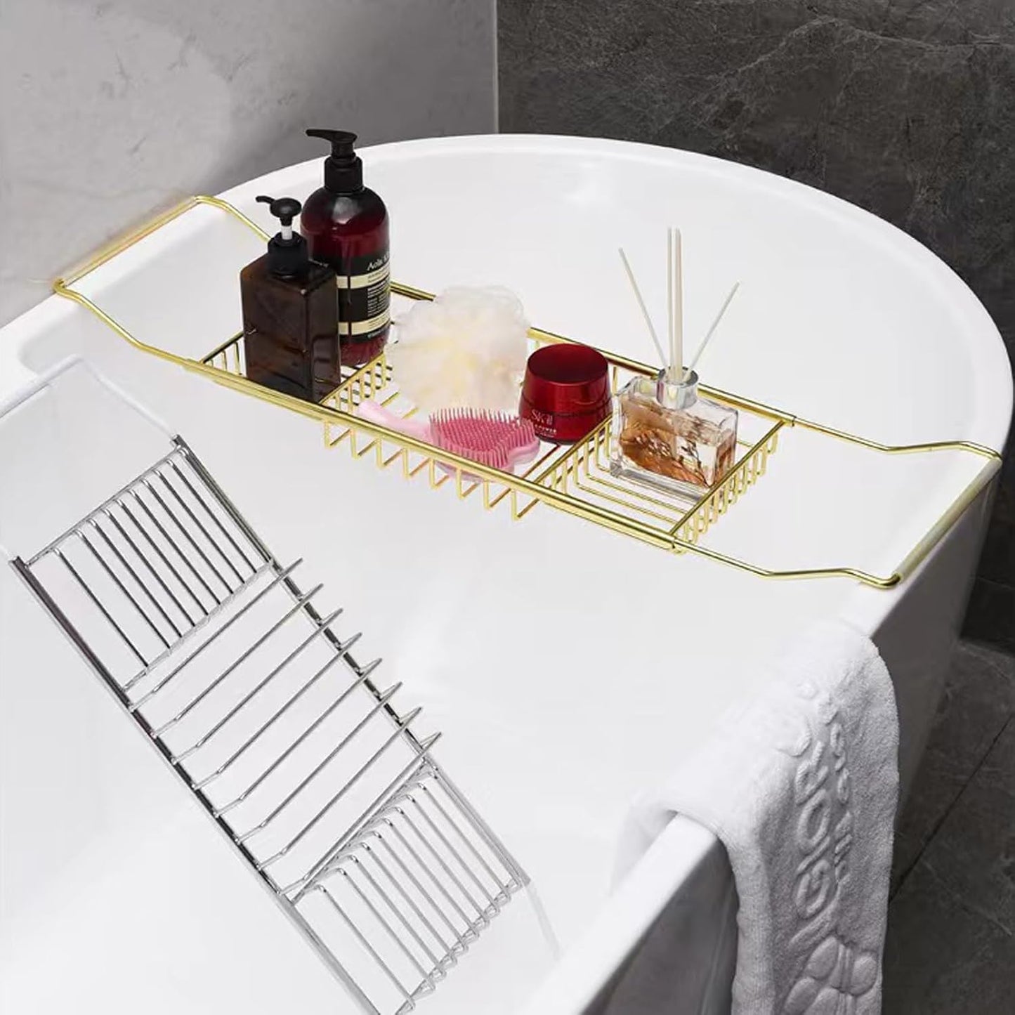 Stainless Steel Expandable Shower Bathtub Tray Over Tub Bath Caddy Expandable Bath Caddy for The Elegant Tub Chrome Polished (Gold)