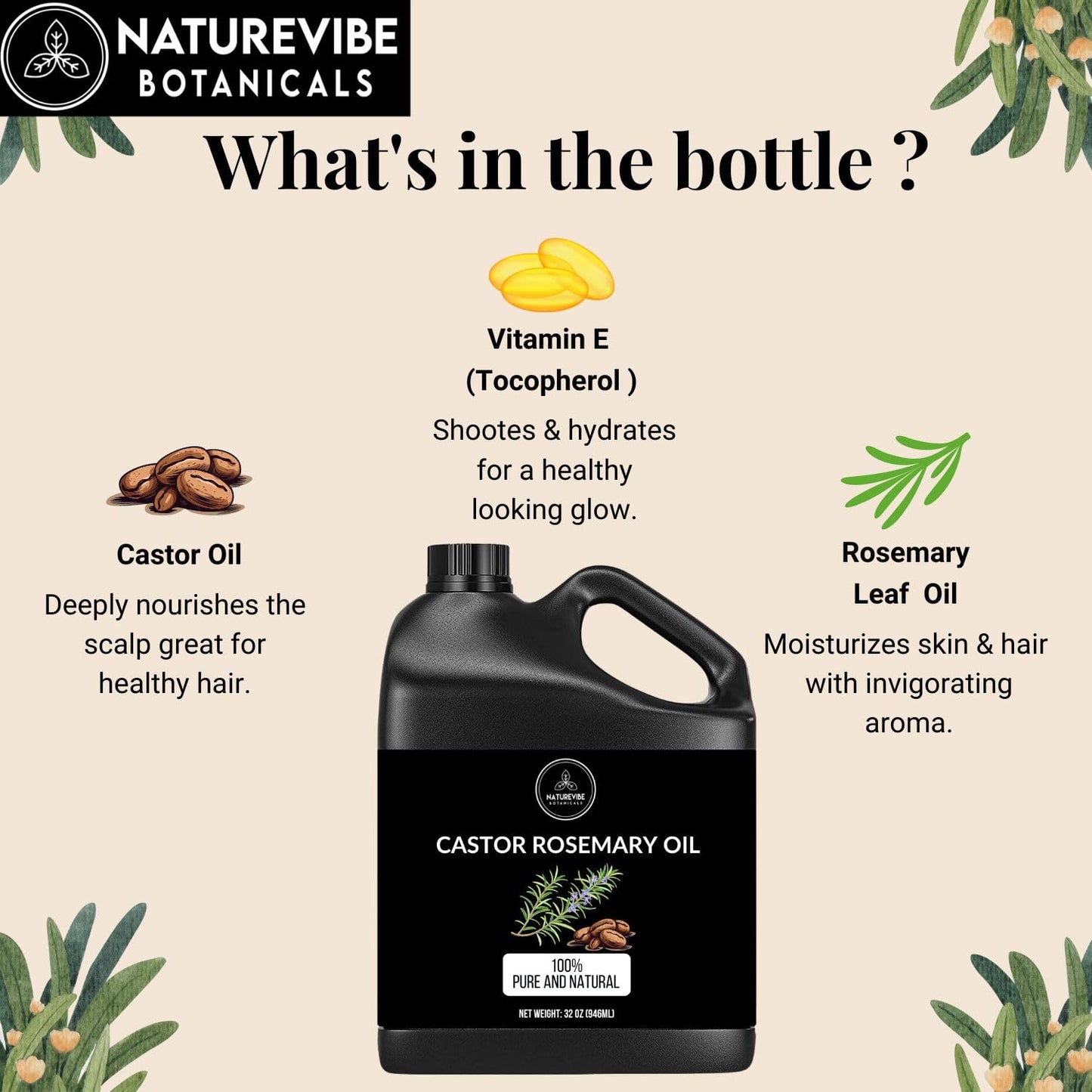 Naturevibe Botanicals Fractionated Coconut Oil 32oz and Castor Rosemary Oil 32oz | Oil Combo