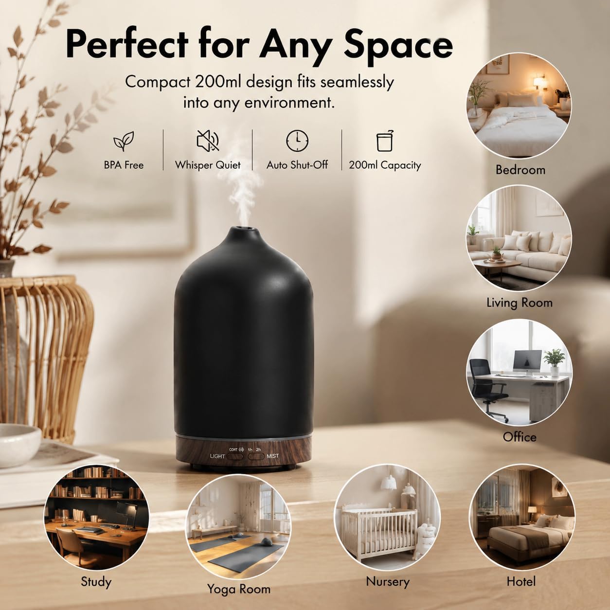 200ml Ceramic Essential Oil Diffuser with 3 Essential Oil Set, Porcelain Ultrasonic Cool Mist with7-Color LED Lights,Timer, Auto-Off Quiet Diffuser for Home Office Desk, Bedroom, Spa, Yoga Room