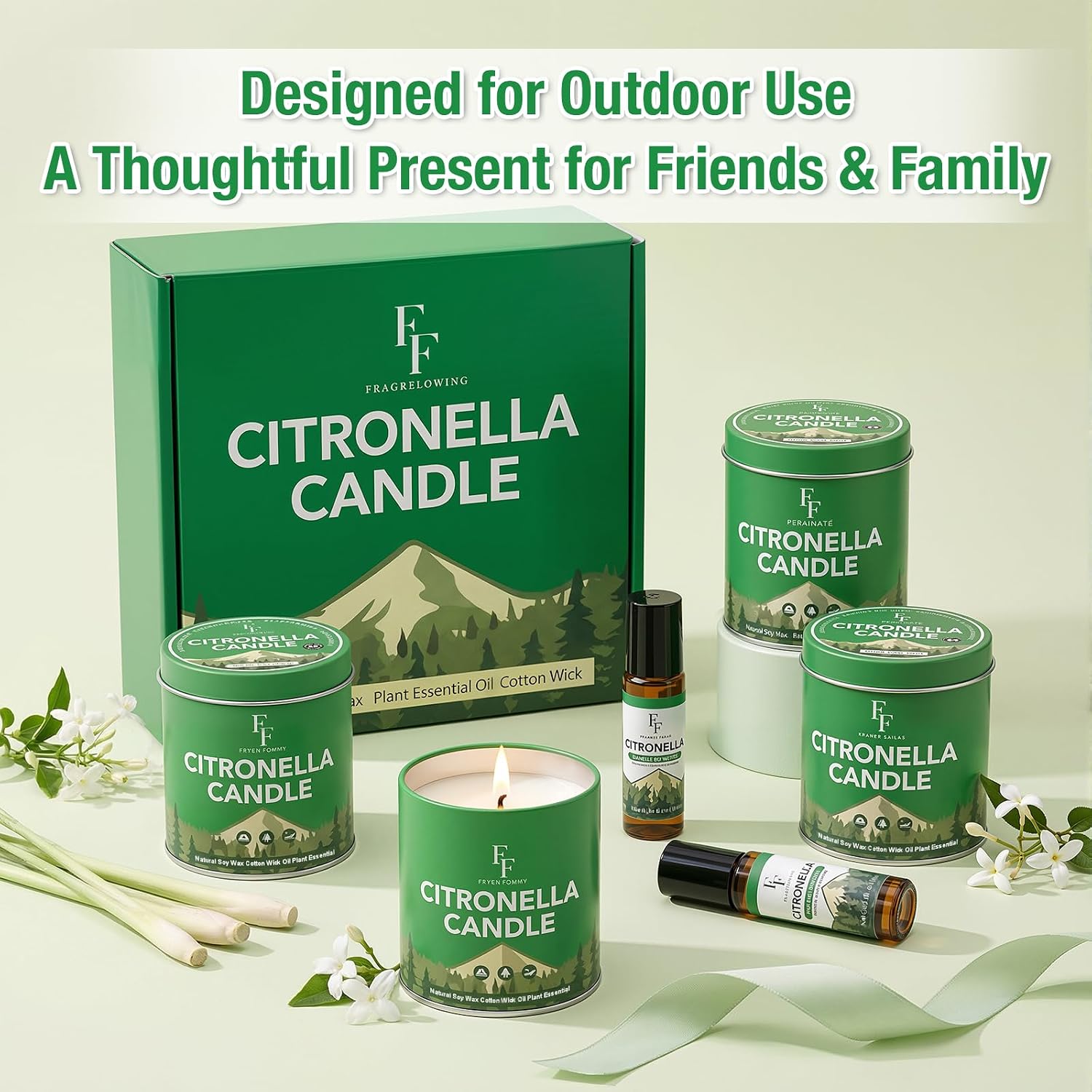 Citronella Candles Outdoor, Indoor Lemongrass Scented Candles with Citronella Essential Oil Roll On, Natural Soy Wax Jar Candle for Outside Camping Patio, 200-Hour Burn Time, 9 oz (4 Pack)