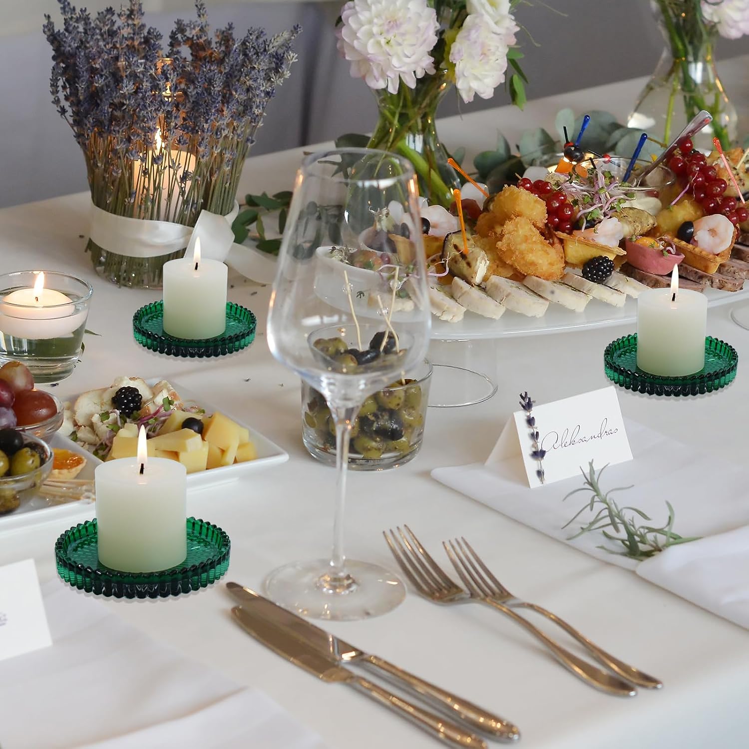 Candleholder Glass Candle Holder Plates Set of 6, Round Glass Candle Tray Plates for Dining Wedding Lantern Festival Party Evening Light, Green