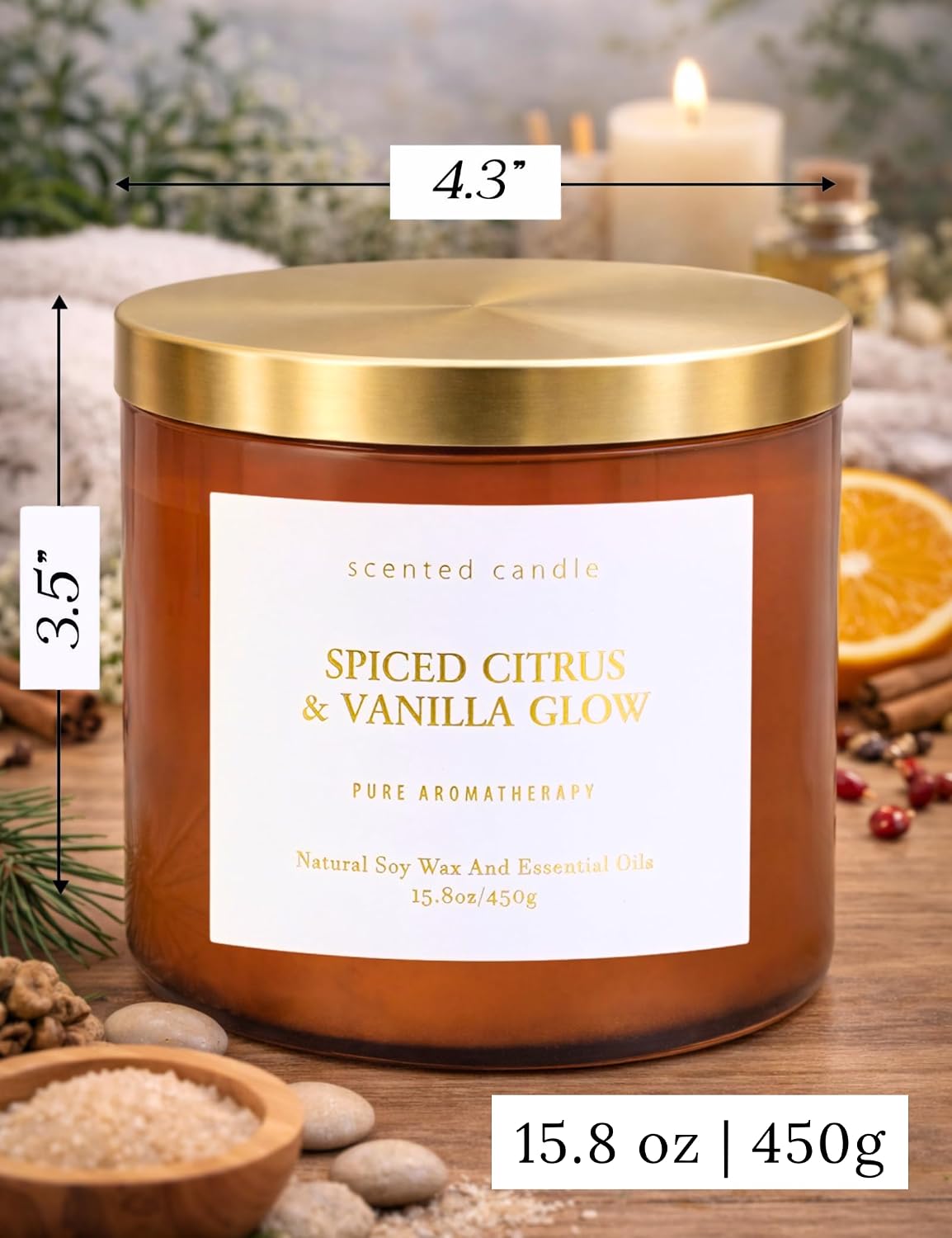 Spiced Citrus & Vanilla Glow Scented Candle | 3-Wick Large Soy Candle 15.8 oz | Highly Scented Cinnamon Aromatherapy Candle for Women & Men | Warm Cozy Home Scent | Clean Burn Long Lasting