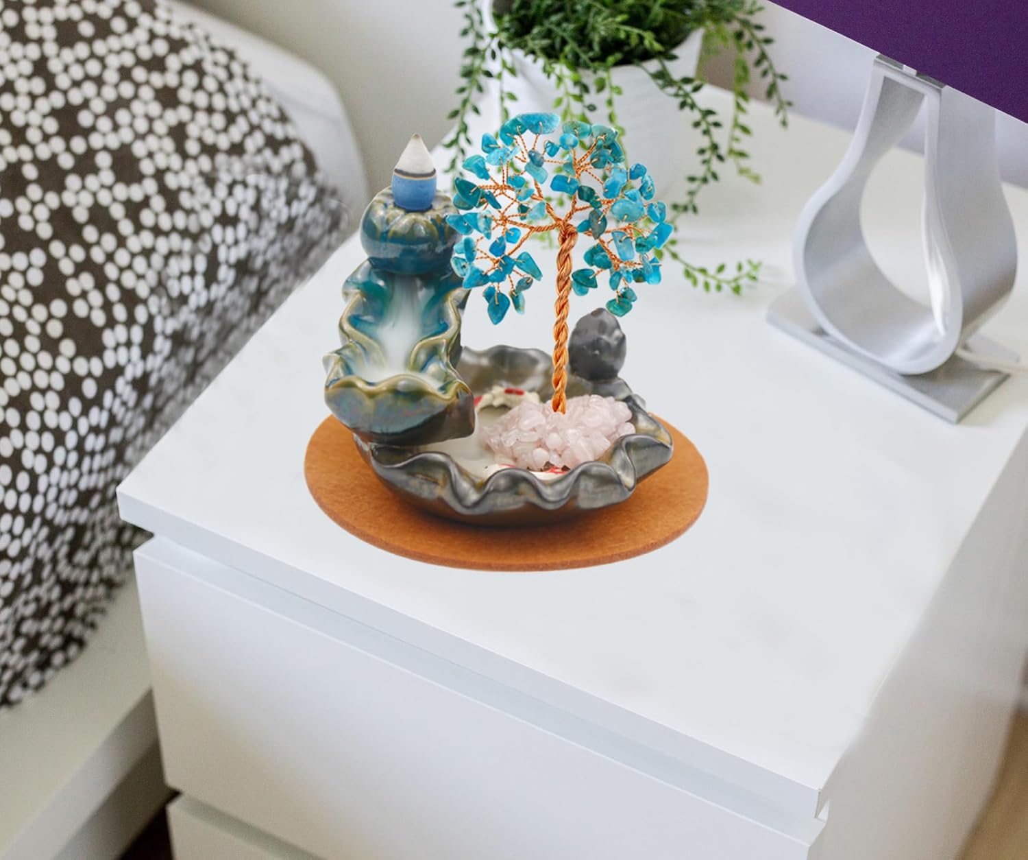 Waterfall Burner, Crystal Tree Backflow Incense Holder, with 30 Incense Cones, 30 Incense Stick, 1 Healing Crystal Necklace, Aromatherapy Anxiety Relief Items, Mom Gifts for Christmas