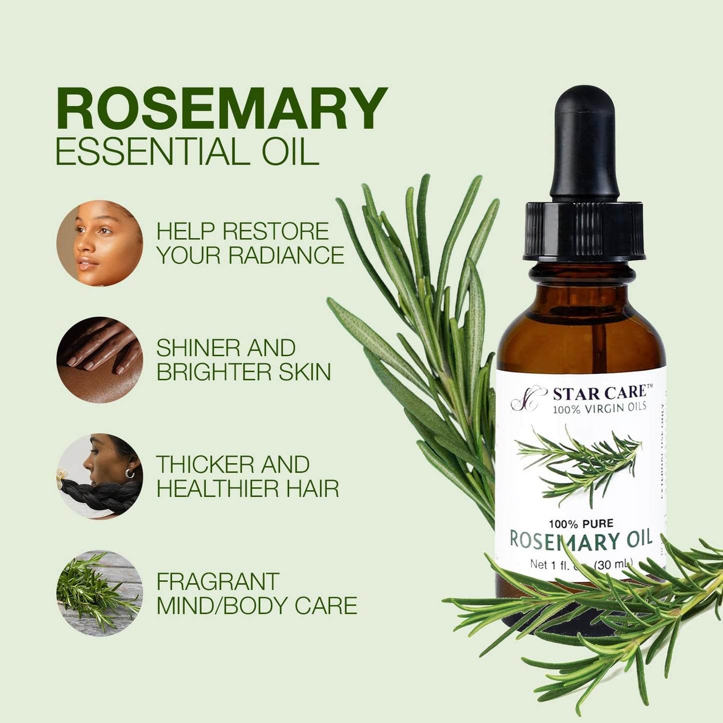 100% Pure Rosemary Essential Oil for Hair Growth & Skin Care Steam Distilled Rosemary Oil for Scalp Massage Aromatherapy DIY, Natural Hair Treatment in UV Protected Glass Bottle - 1oz (30ml)