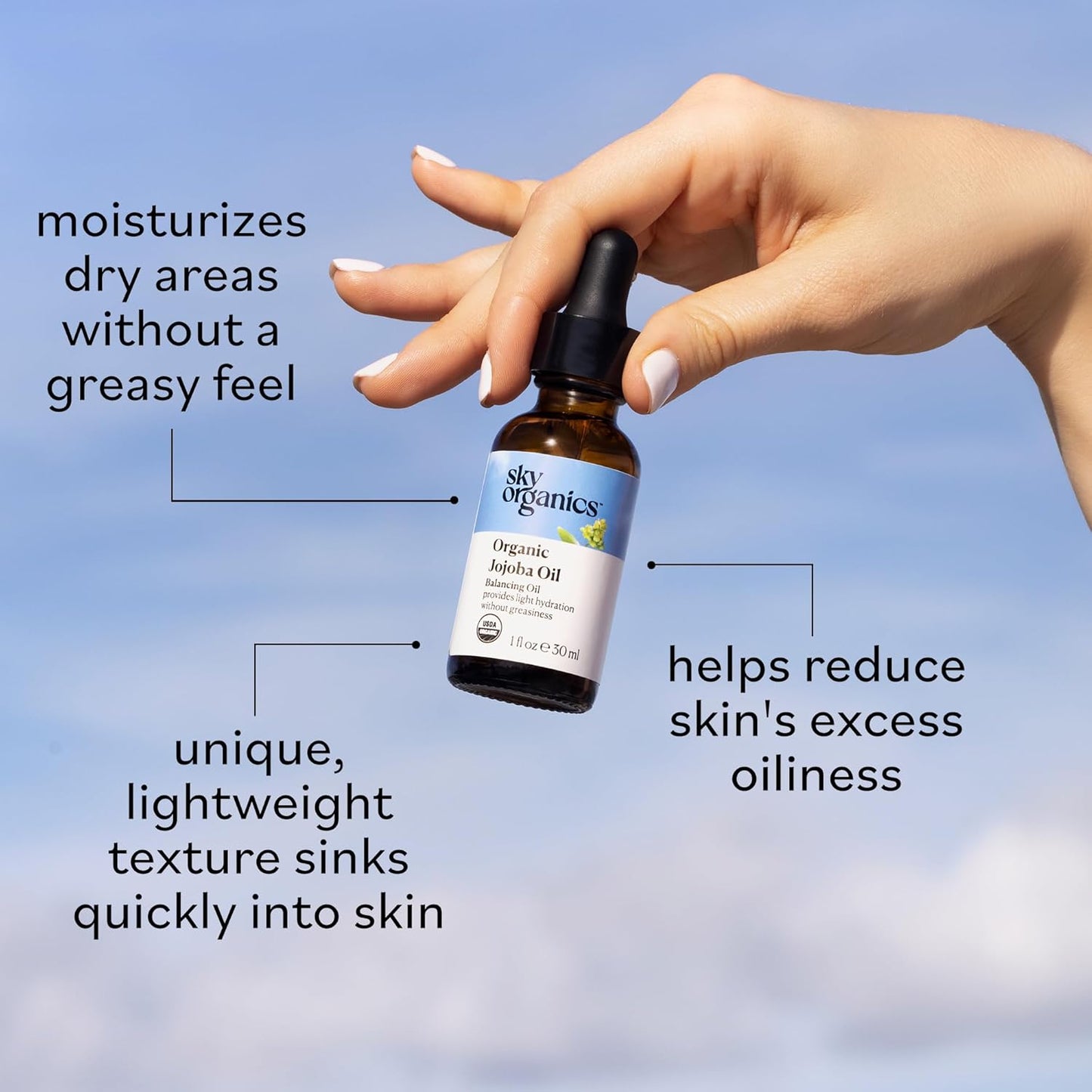 Sky Organics Organic Jojoba Oil for Face, Balancing Oil for Light Hydration & Helps Reduce Excess Oiliness, Suitable For Oily, Combination and Blemish-Prone Skin, 100% Pure & Cold-Pressed, 1 fl oz