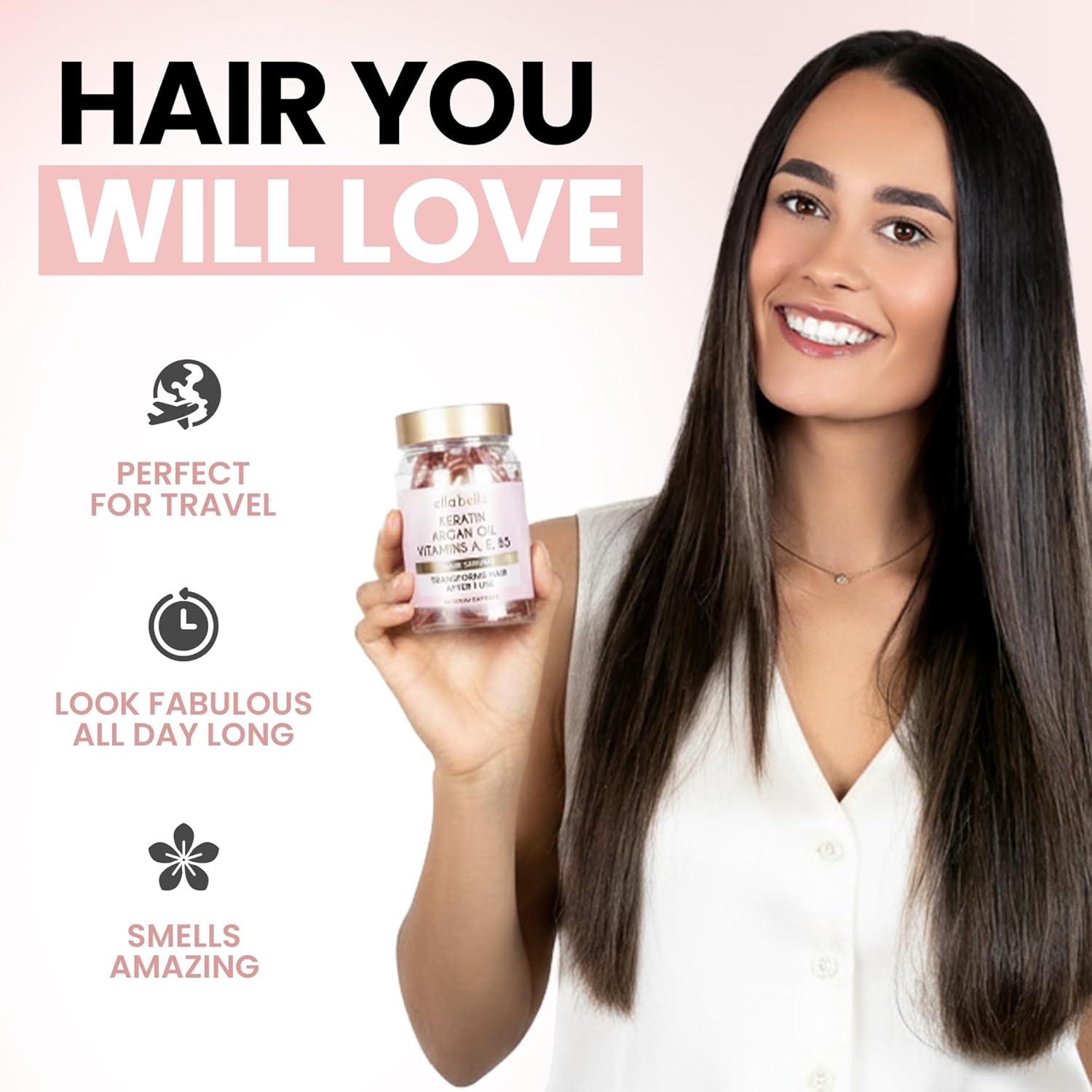 ELLA BELLA® Keratin Hair Serum with Argan Oil & Vitamins A, E, B5 – Anti-Frizz Hair Treatment & Night Repair – Hair Vitamins for Women for Smooth, Shiny, Frizz-Free Hair
