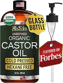 Ella & Eden USDA Organic Castor Oil – 100% Pure Cold Pressed Hexane-Free - Glass Bottle - For Hair Growth, Face, Eyelash, Skin, Stomach - Unrefined 16 Fl Oz