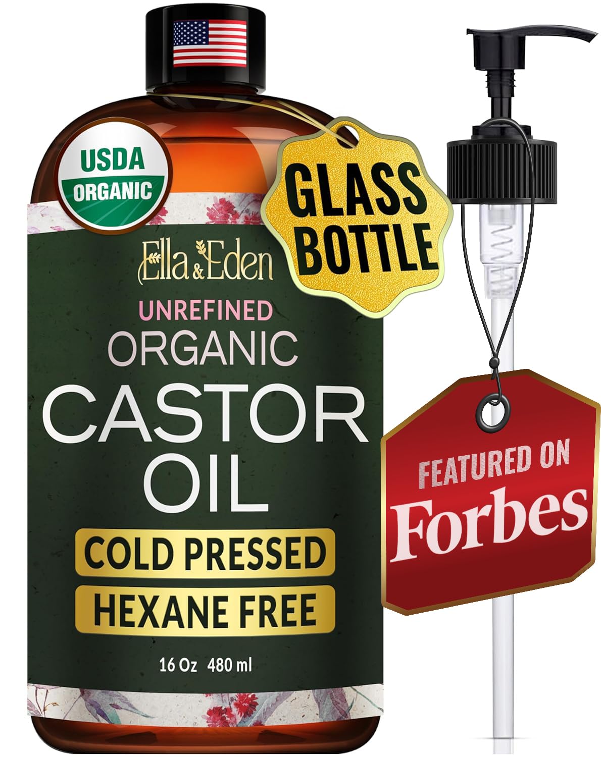 Ella & Eden USDA Organic Castor Oil – 100% Pure Cold Pressed Hexane-Free - Glass Bottle - For Hair Growth, Face, Eyelash, Skin, Stomach - Unrefined 16 Fl Oz